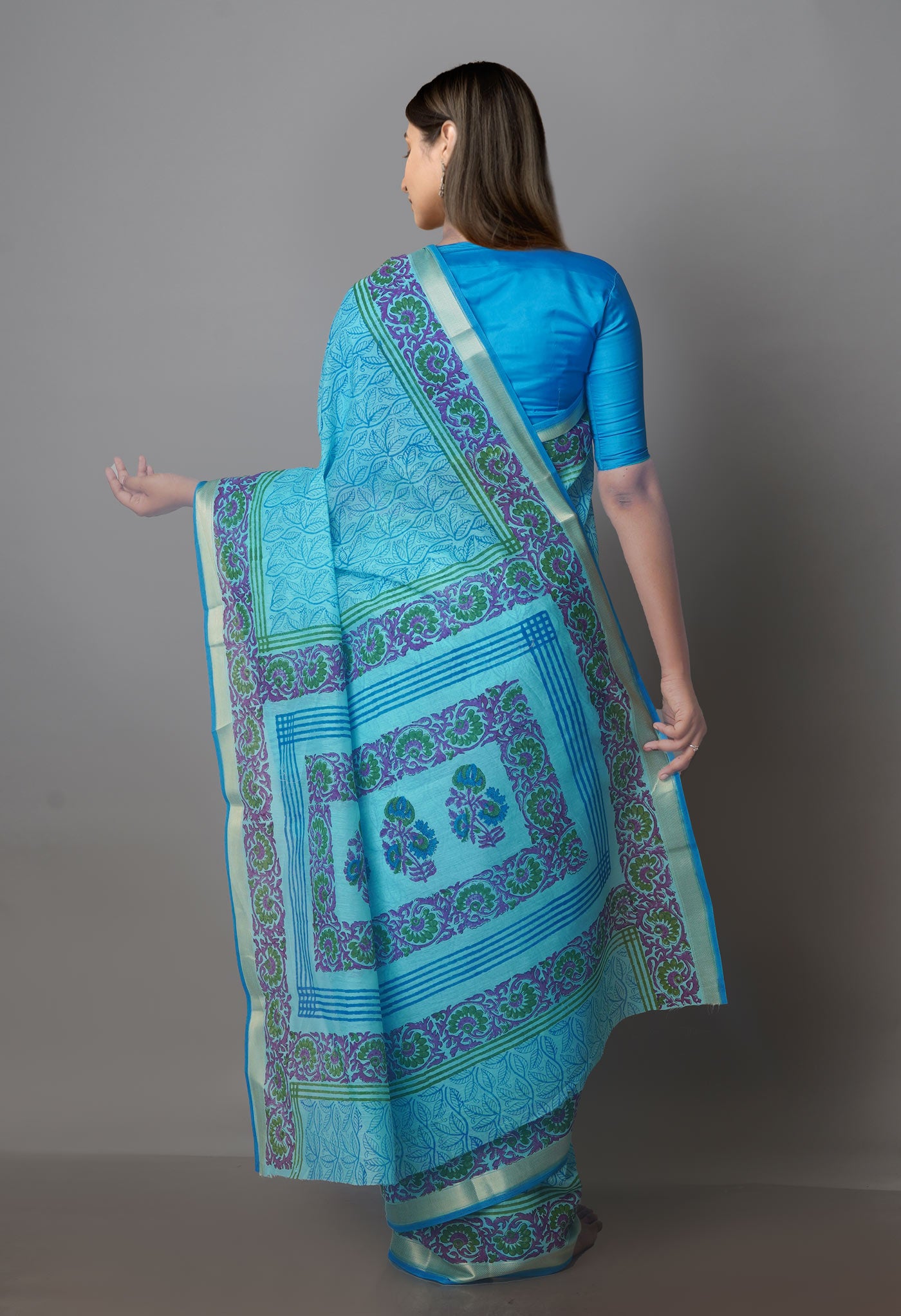 Blue Block Printed Chanderi Sico Saree-UNM70679