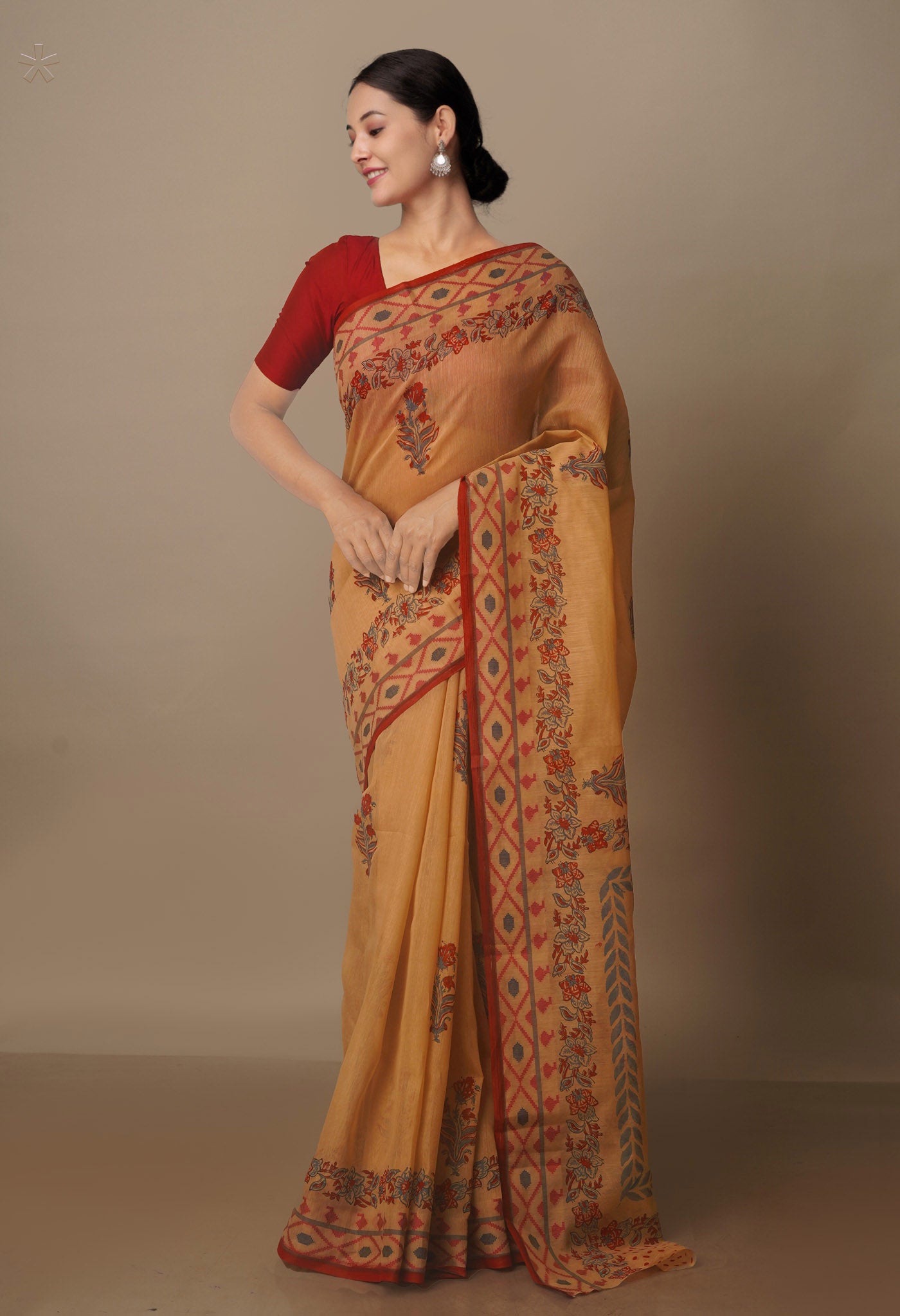 Cream Block Printed Chanderi Sico Saree-UNM70708