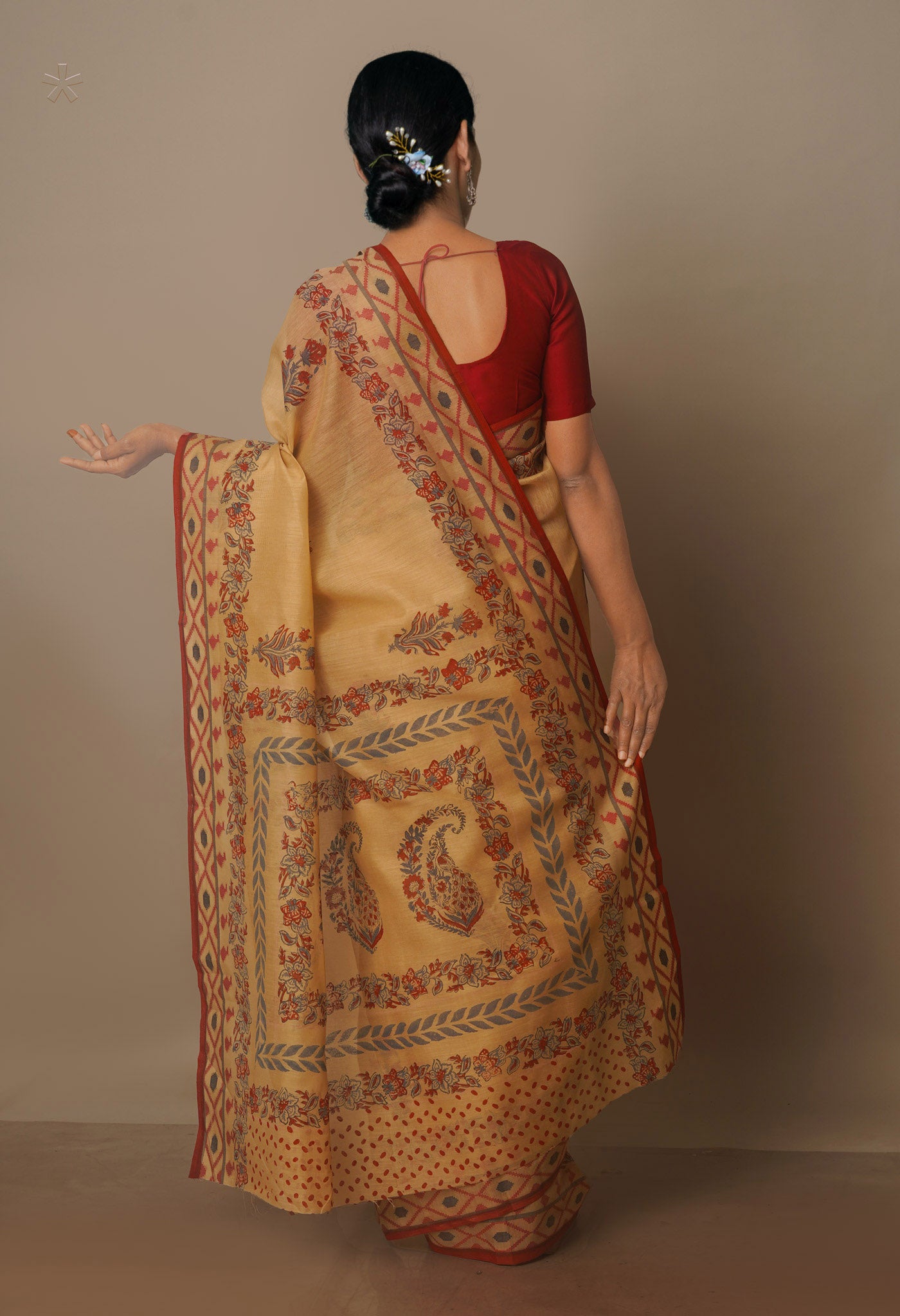 Cream Block Printed Chanderi Sico Saree-UNM70708