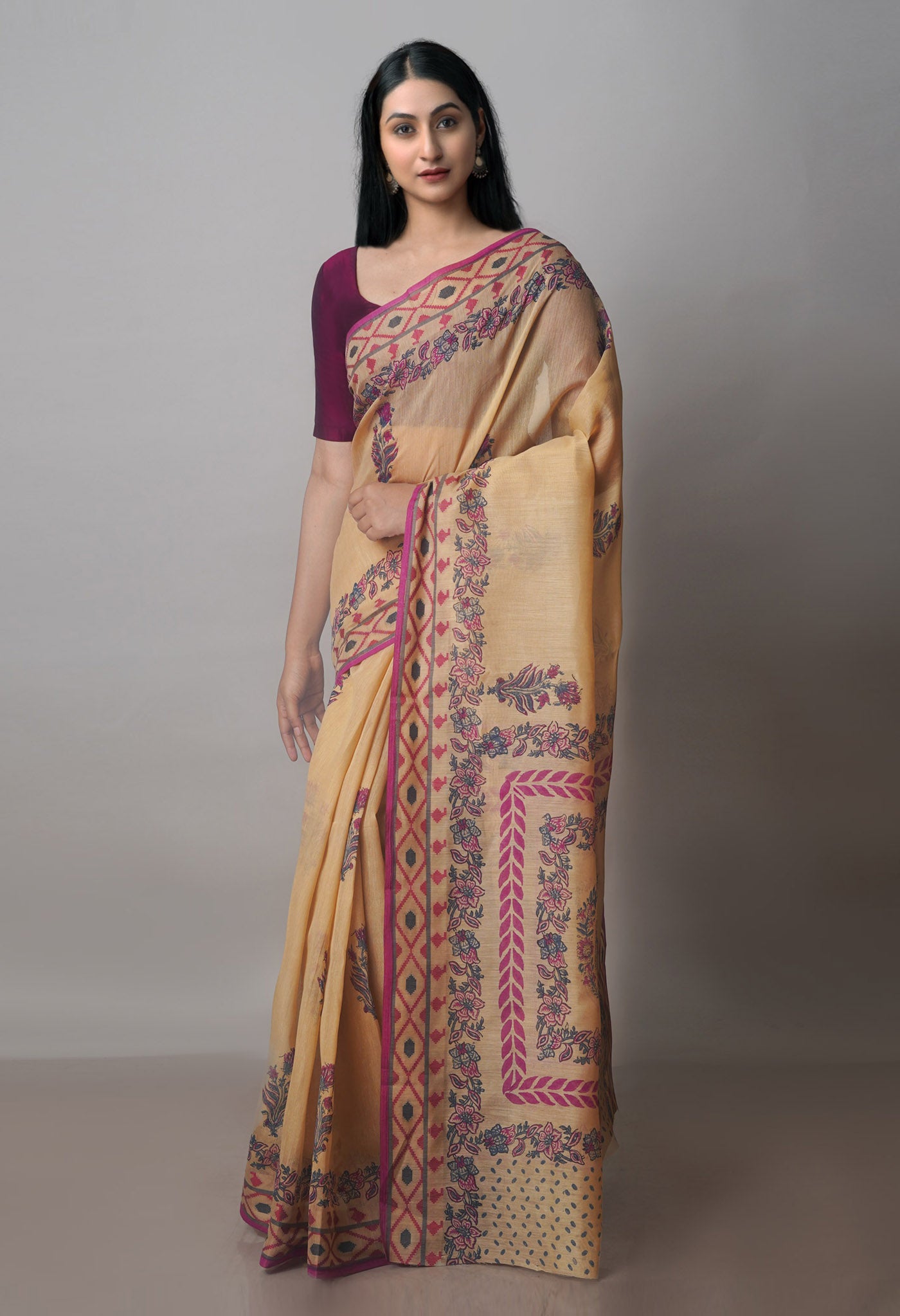 Cream Block Printed Chanderi Sico Saree-UNM70711