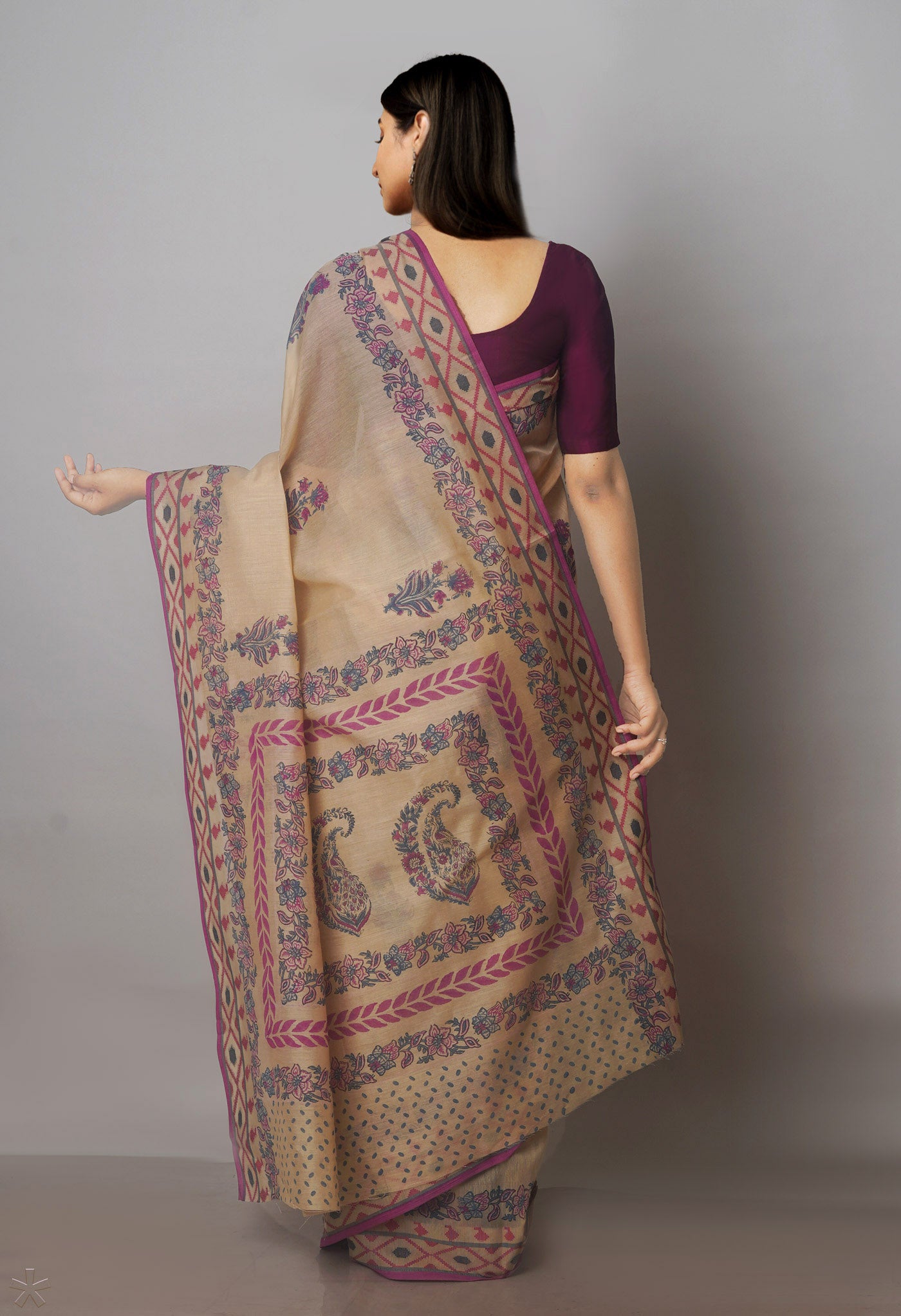 Cream Block Printed Chanderi Sico Saree-UNM70711