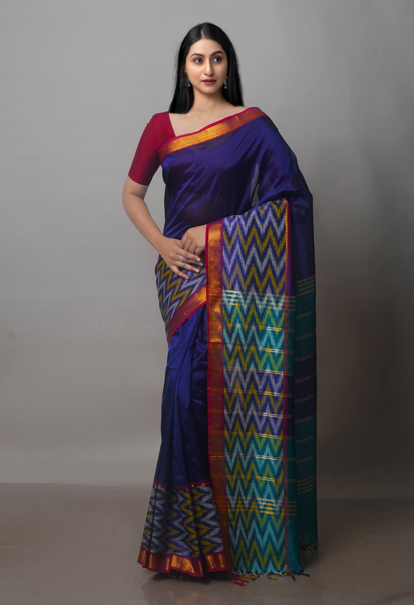 Violet Mangalgiri Silk Saree with pochampally border-UNM70799