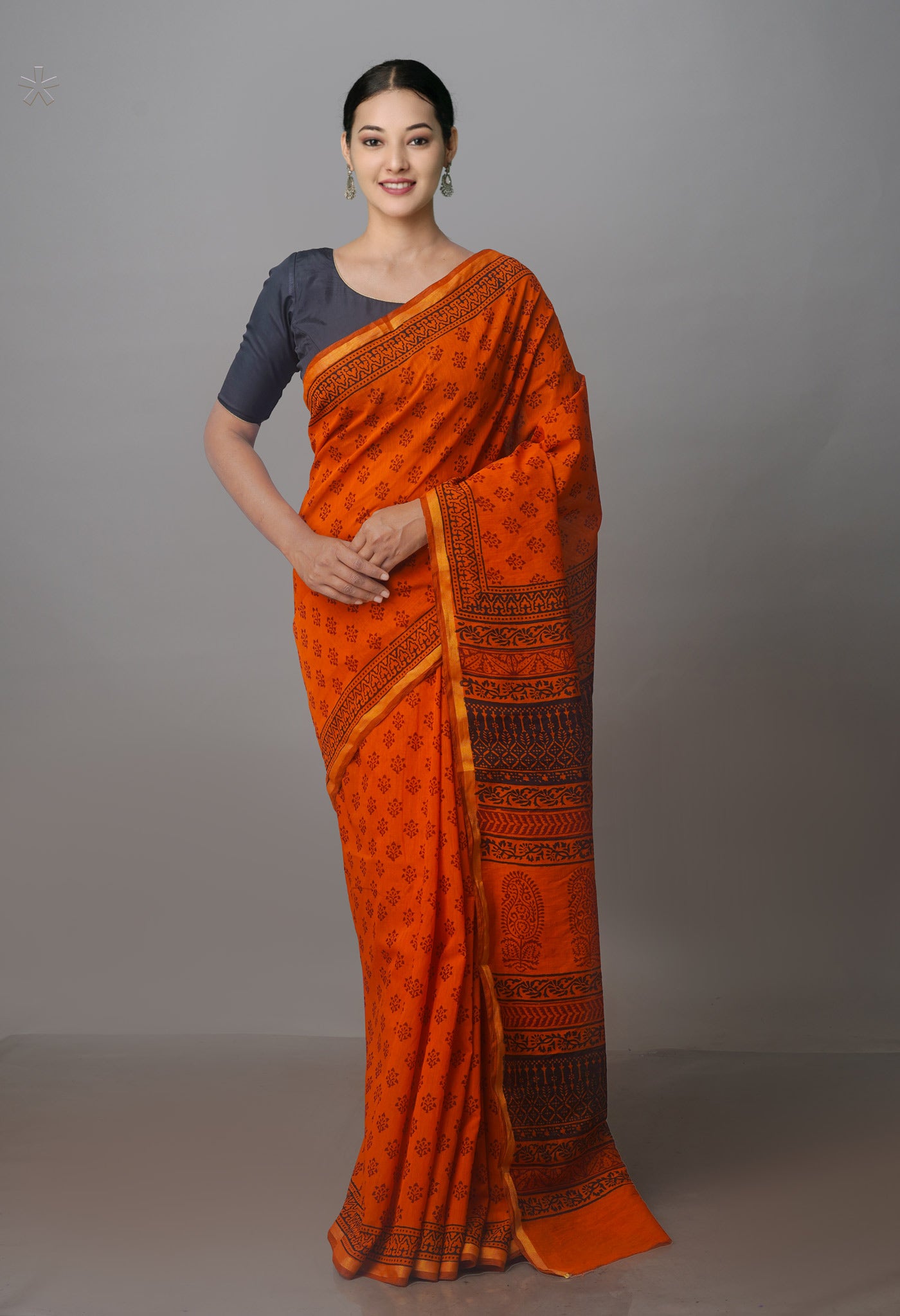 Rust Orange Art Chanderi Bagh Printed Cotton Saree-UNM70857