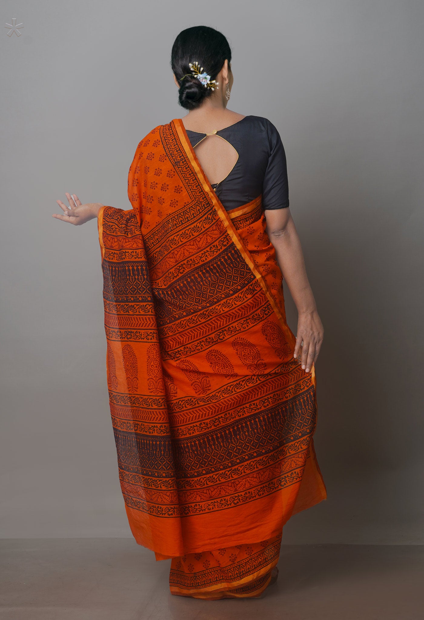 Rust Orange Art Chanderi Bagh Printed Cotton Saree-UNM70857