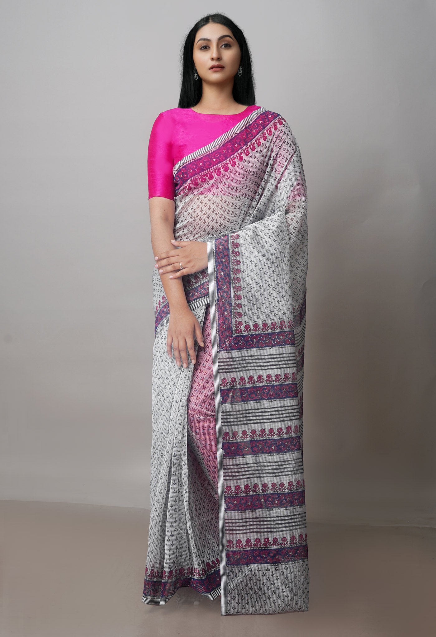 Grey Block Printed Meghalaya Supernet Saree with Ikkattu Blouse Piece-UNM70883