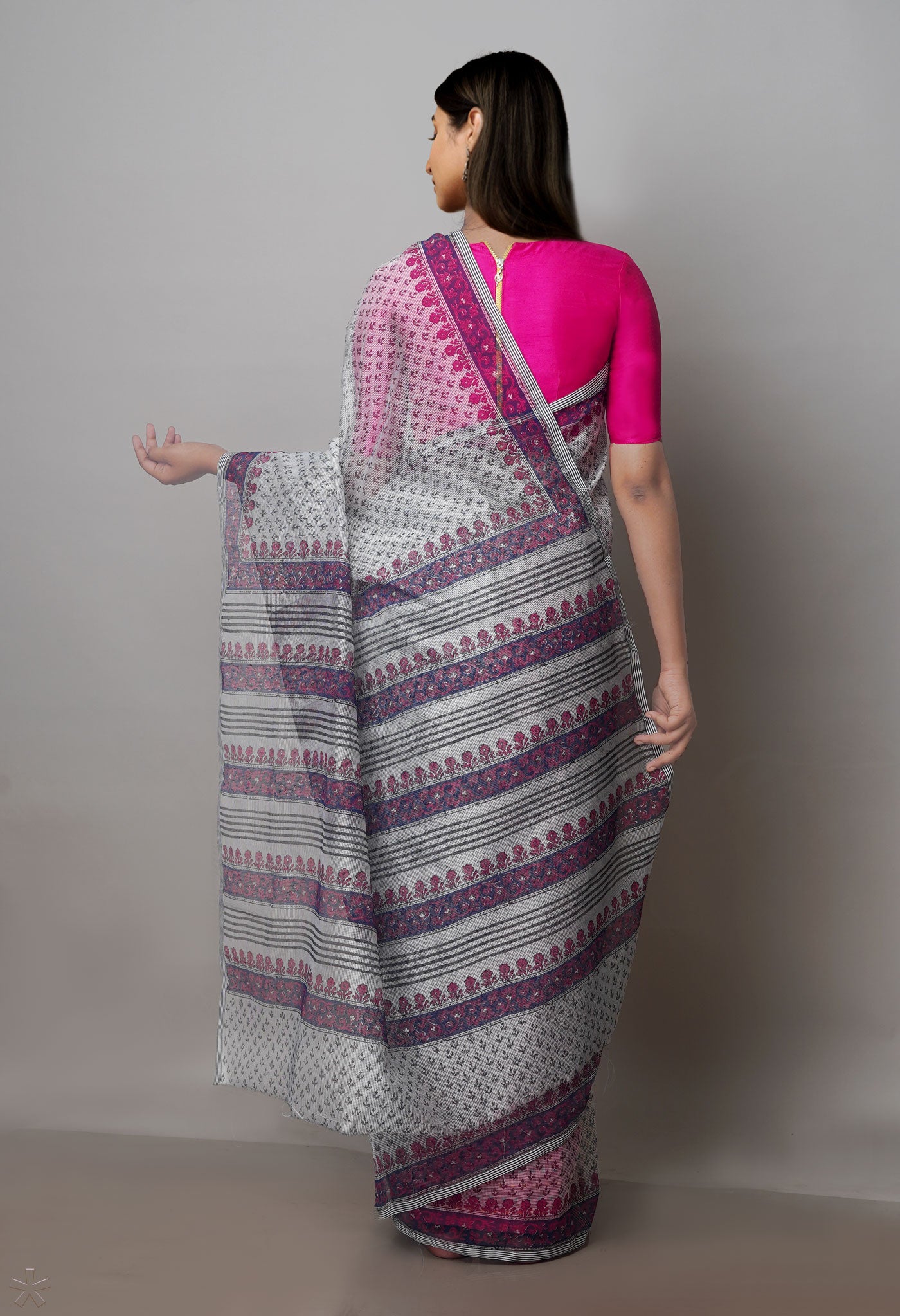 Grey Block Printed Meghalaya Supernet Saree with Ikkattu Blouse Piece-UNM70883