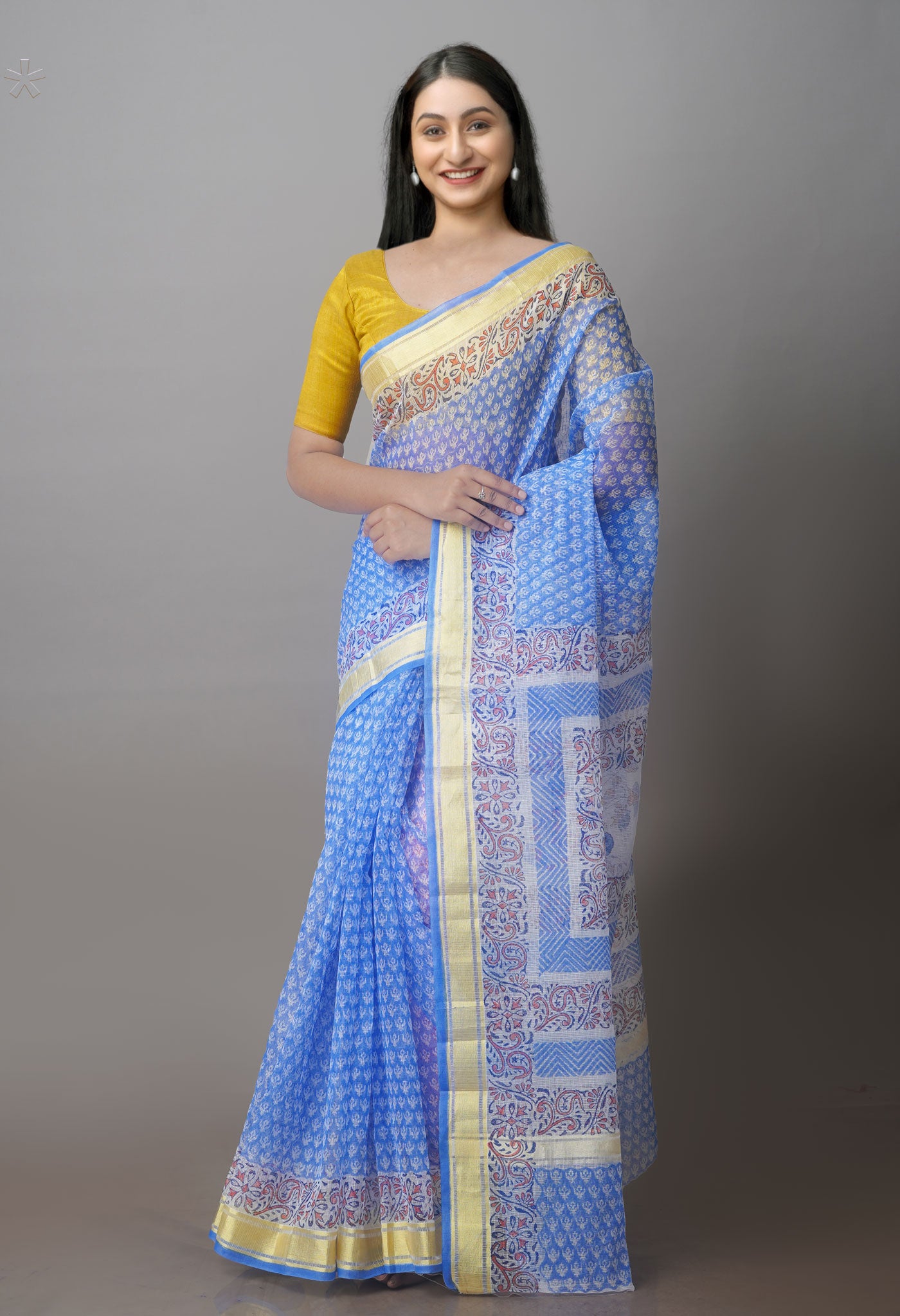 Blue Block Printed Kota Saree-UNM70930