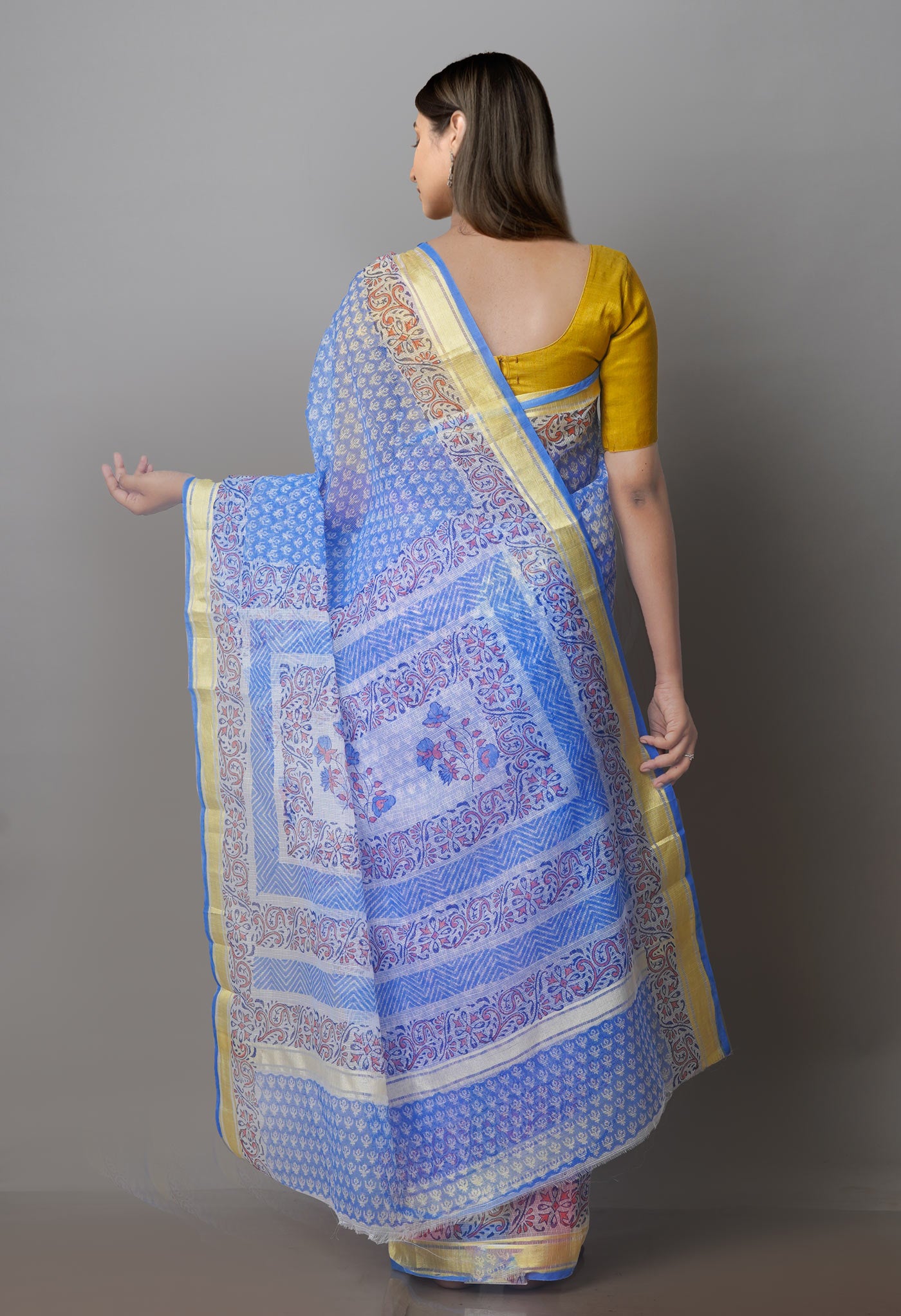 Blue Block Printed Kota Saree-UNM70930