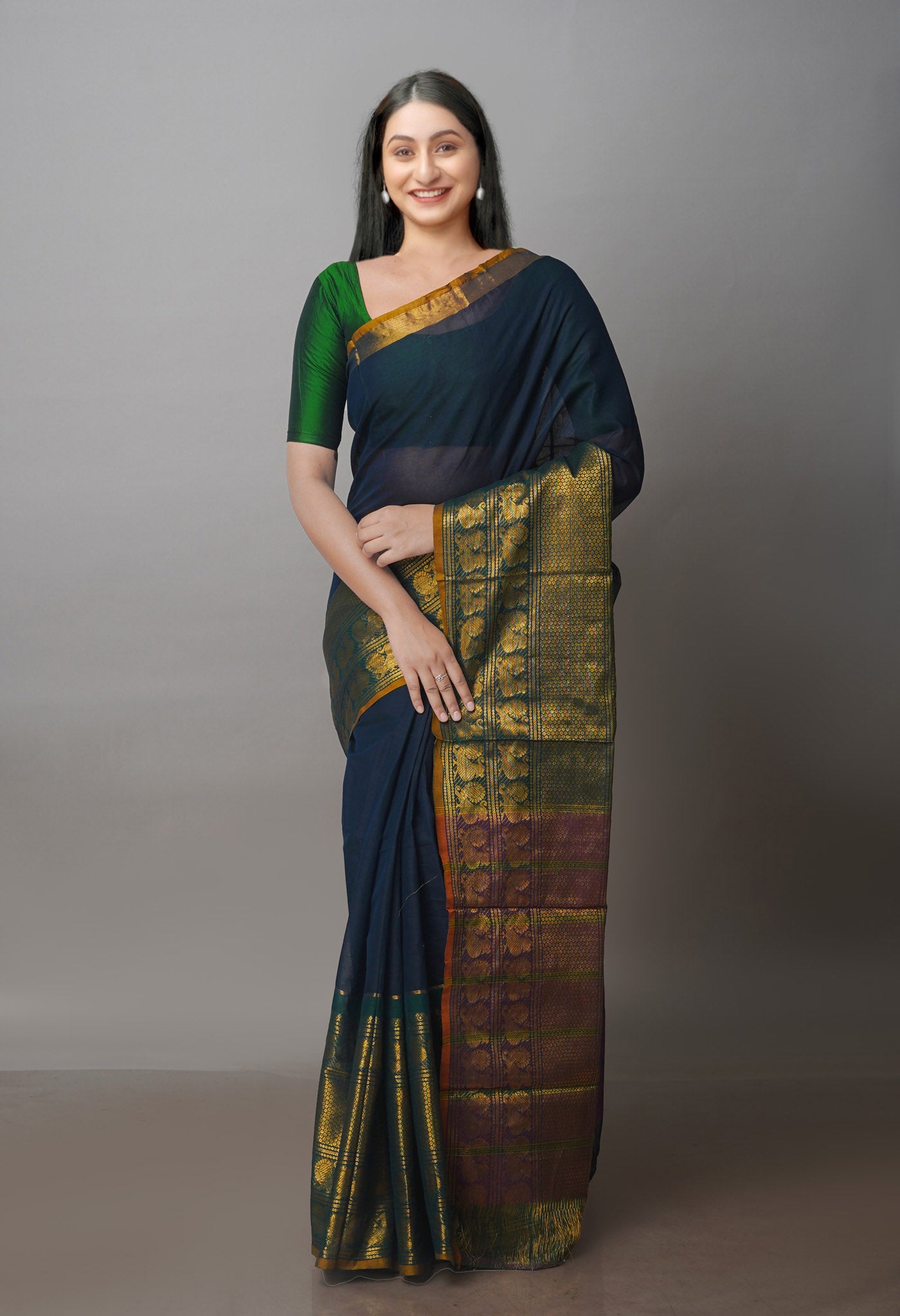 Dark Blue Kanchi Cotton Saree With Big Zari Border-UNM71013