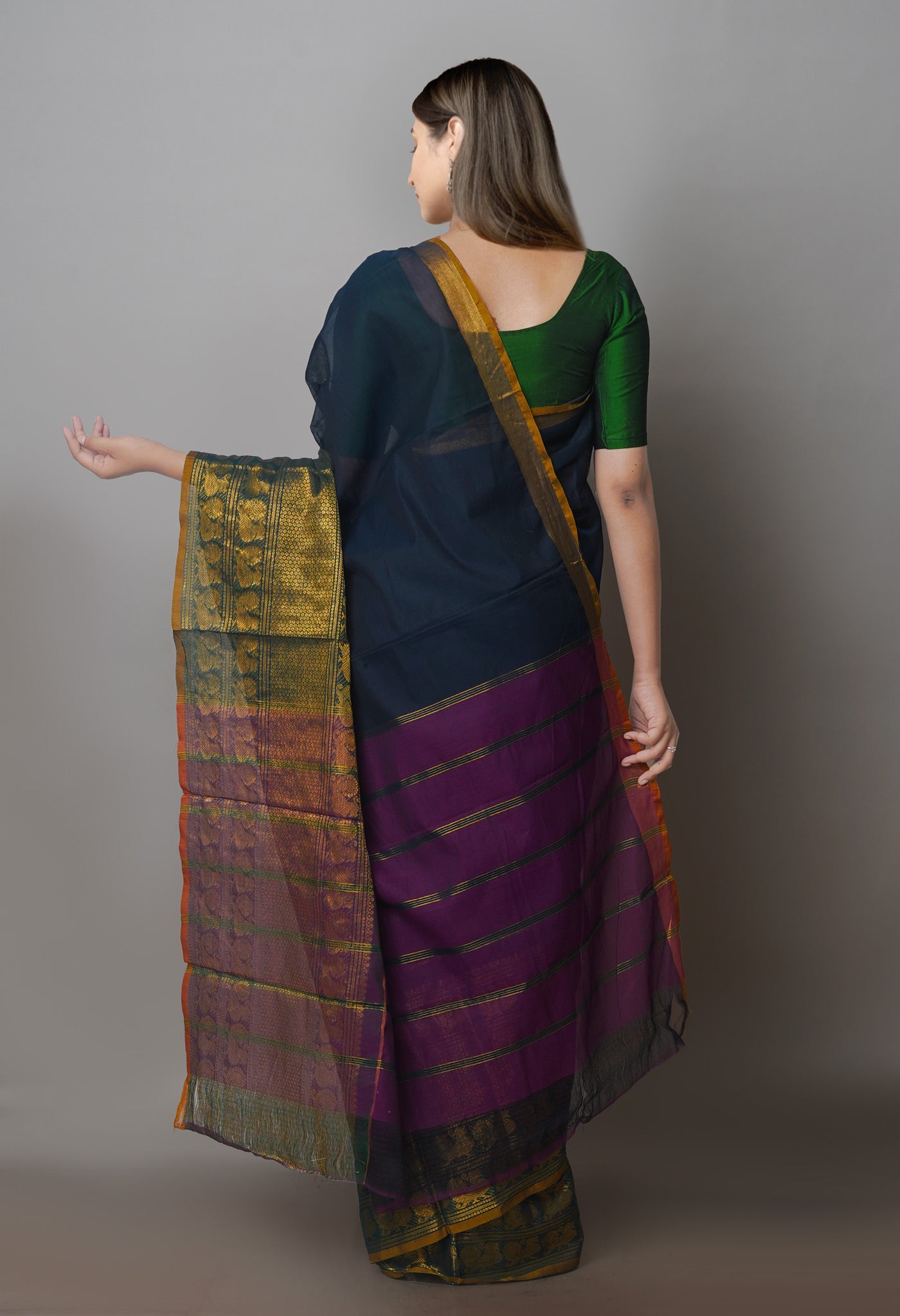 Dark Blue Kanchi Cotton Saree With Big Zari Border-UNM71013