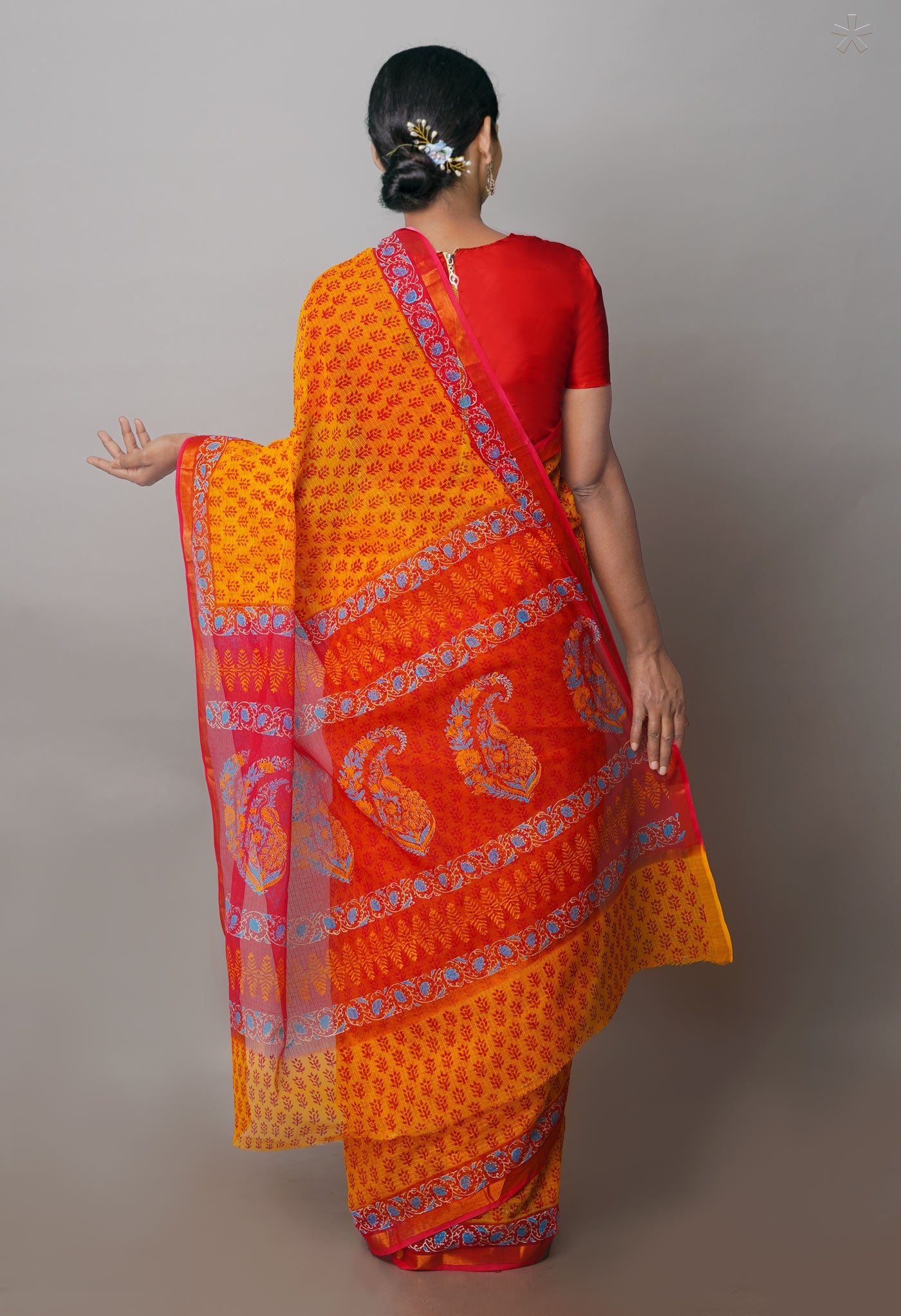 Yellow Pure Block Printed Kota Cotton Sarees-UNM71027