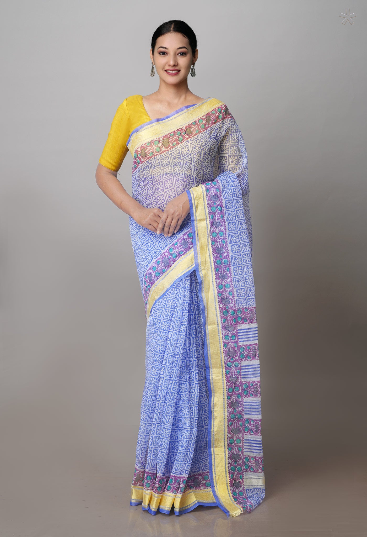 Blue Pure Block Printed Kota Cotton Saree- UNM71114