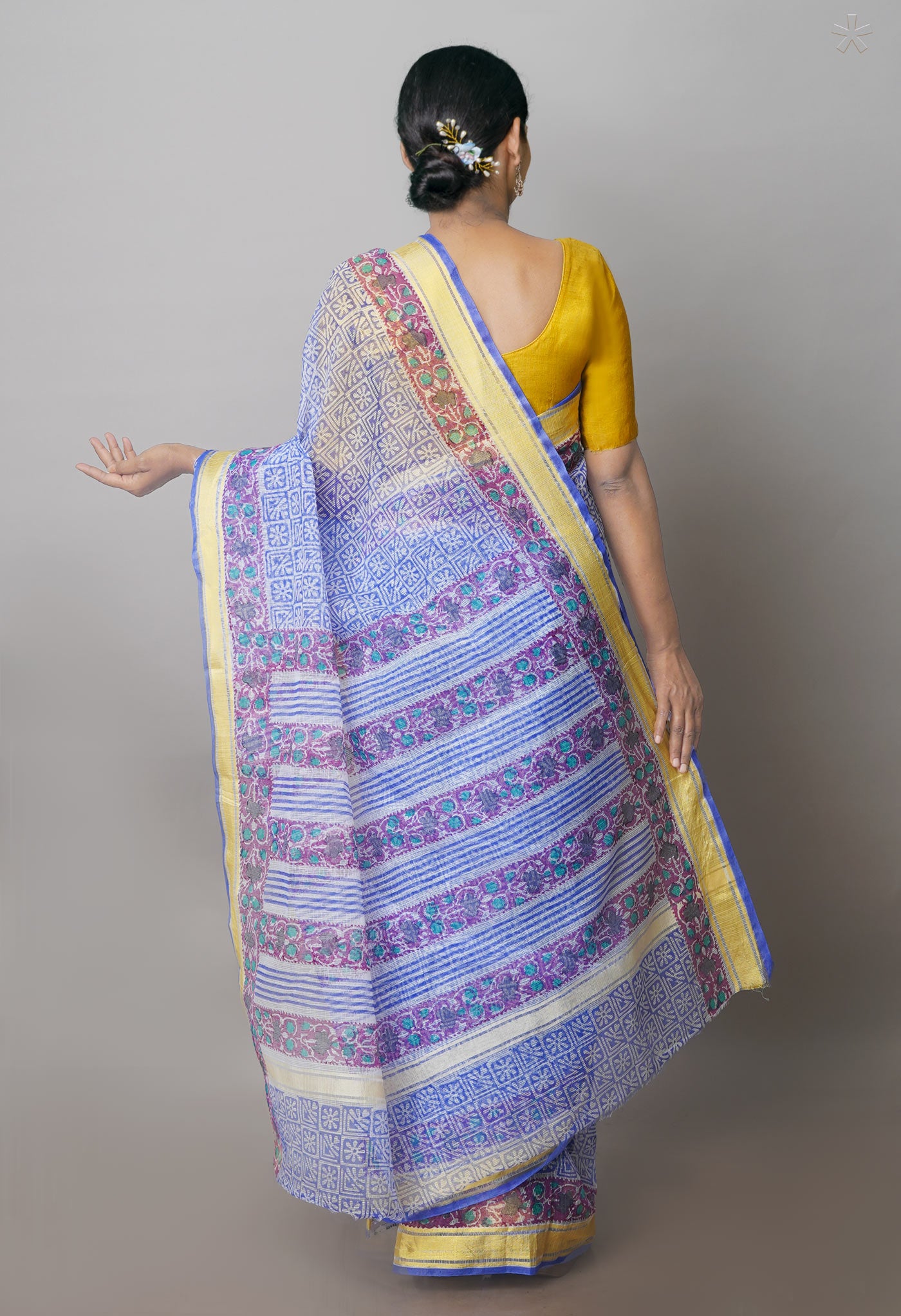 Blue Pure Block Printed Kota Cotton Saree- UNM71114