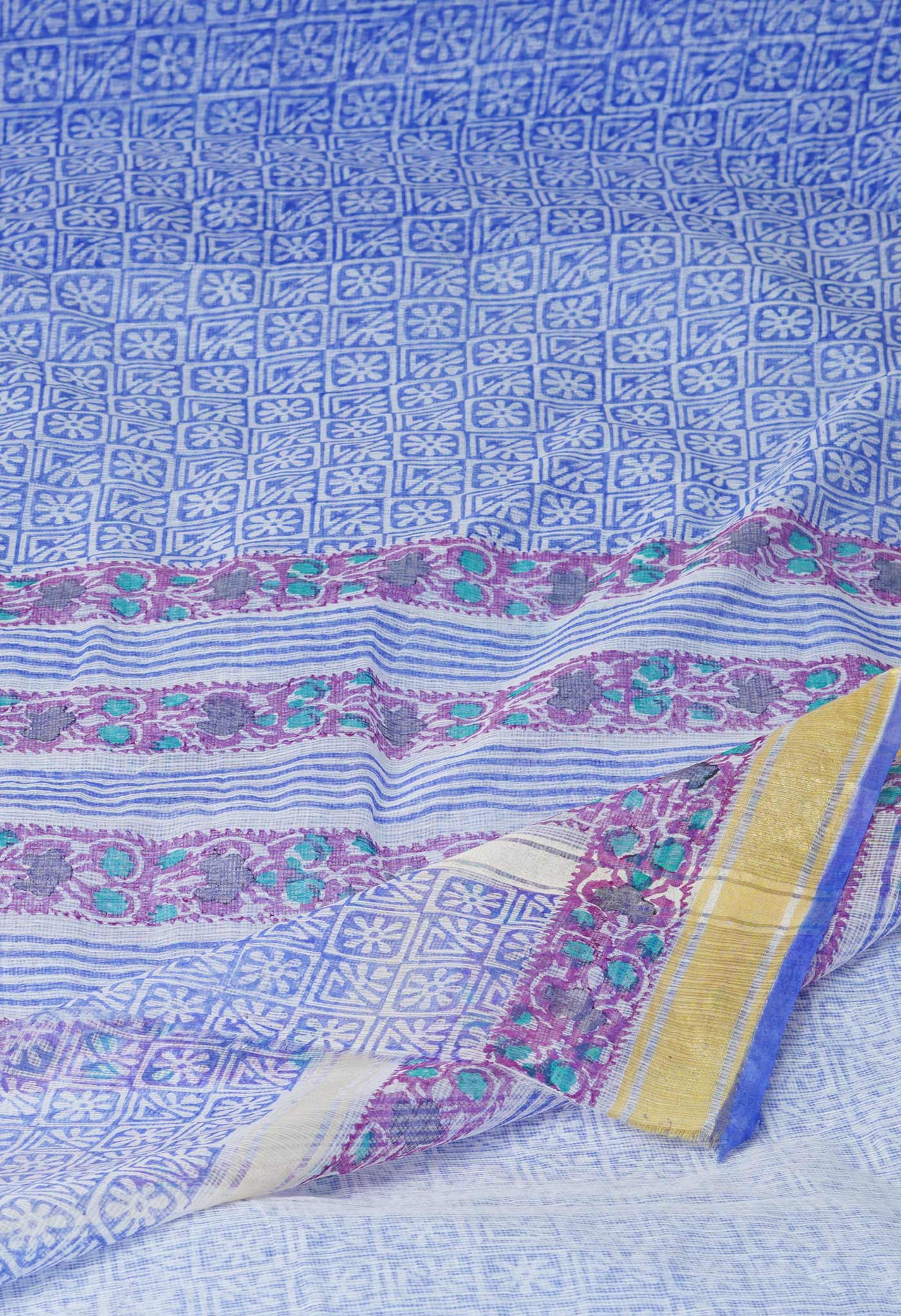 Blue Pure Block Printed Kota Cotton Saree- UNM71114