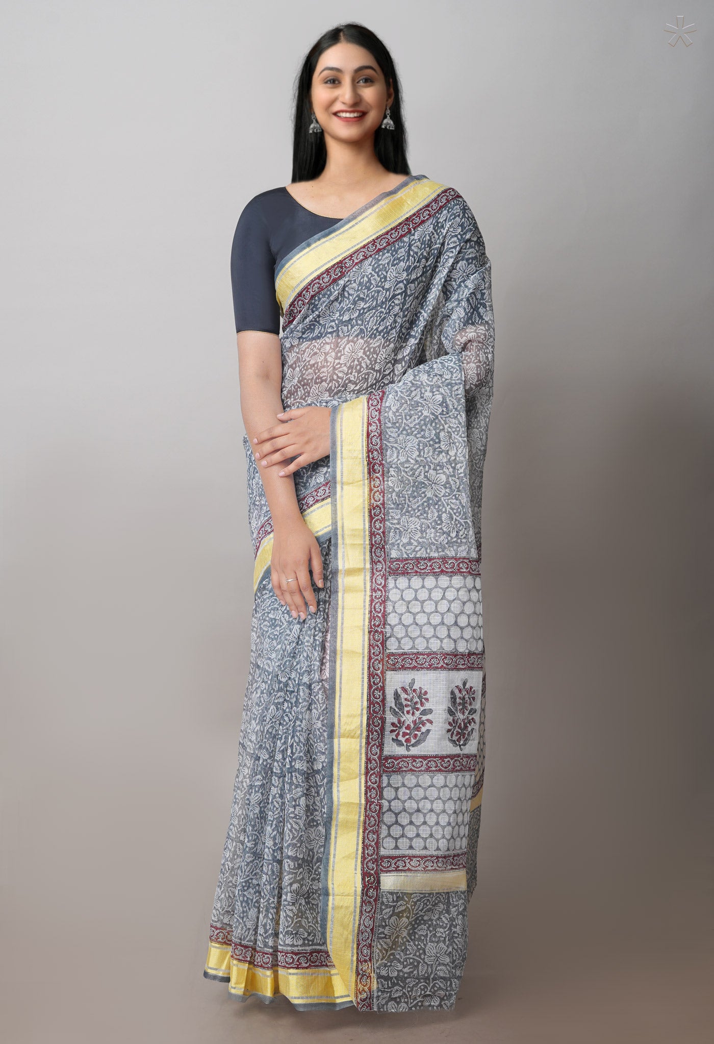 Grey Pure Block Printed Kota Cotton Saree- UNM71118