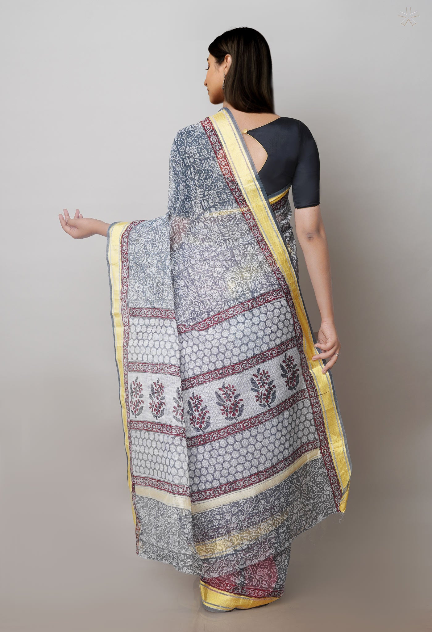 Grey Pure Block Printed Kota Cotton Saree- UNM71118