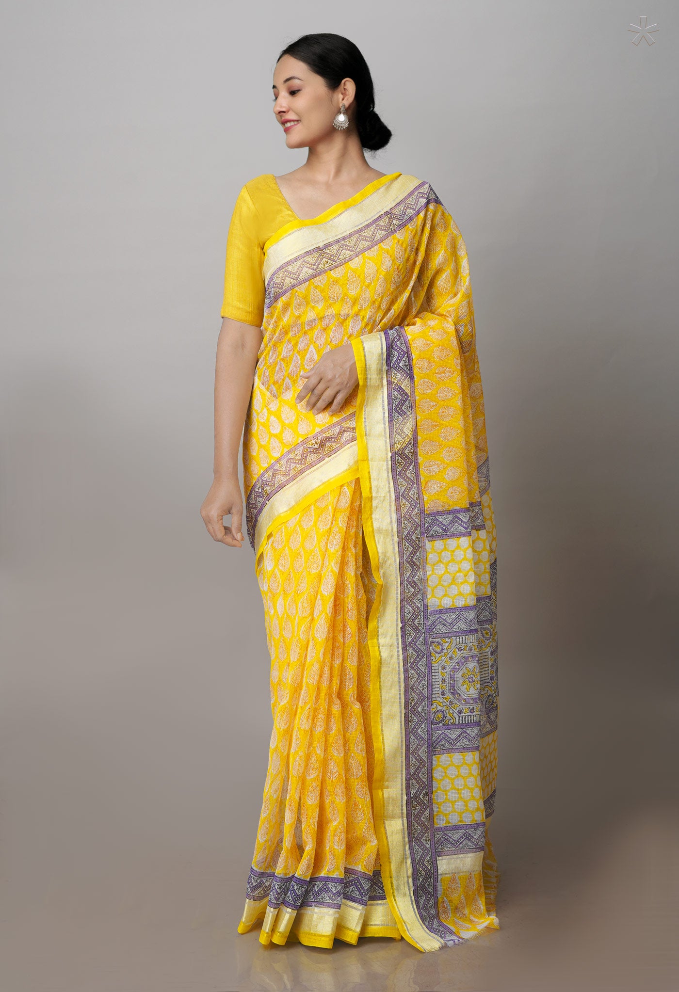 Yellow Pure Block Printed Kota Cotton Saree- UNM71119