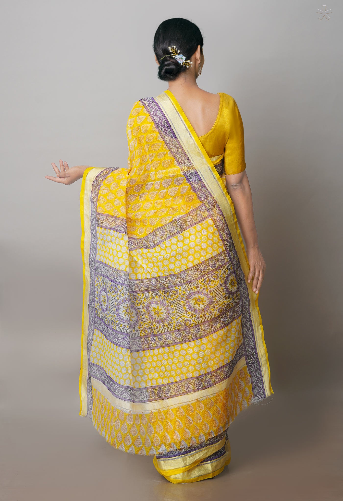 Yellow Pure Block Printed Kota Cotton Saree- UNM71119