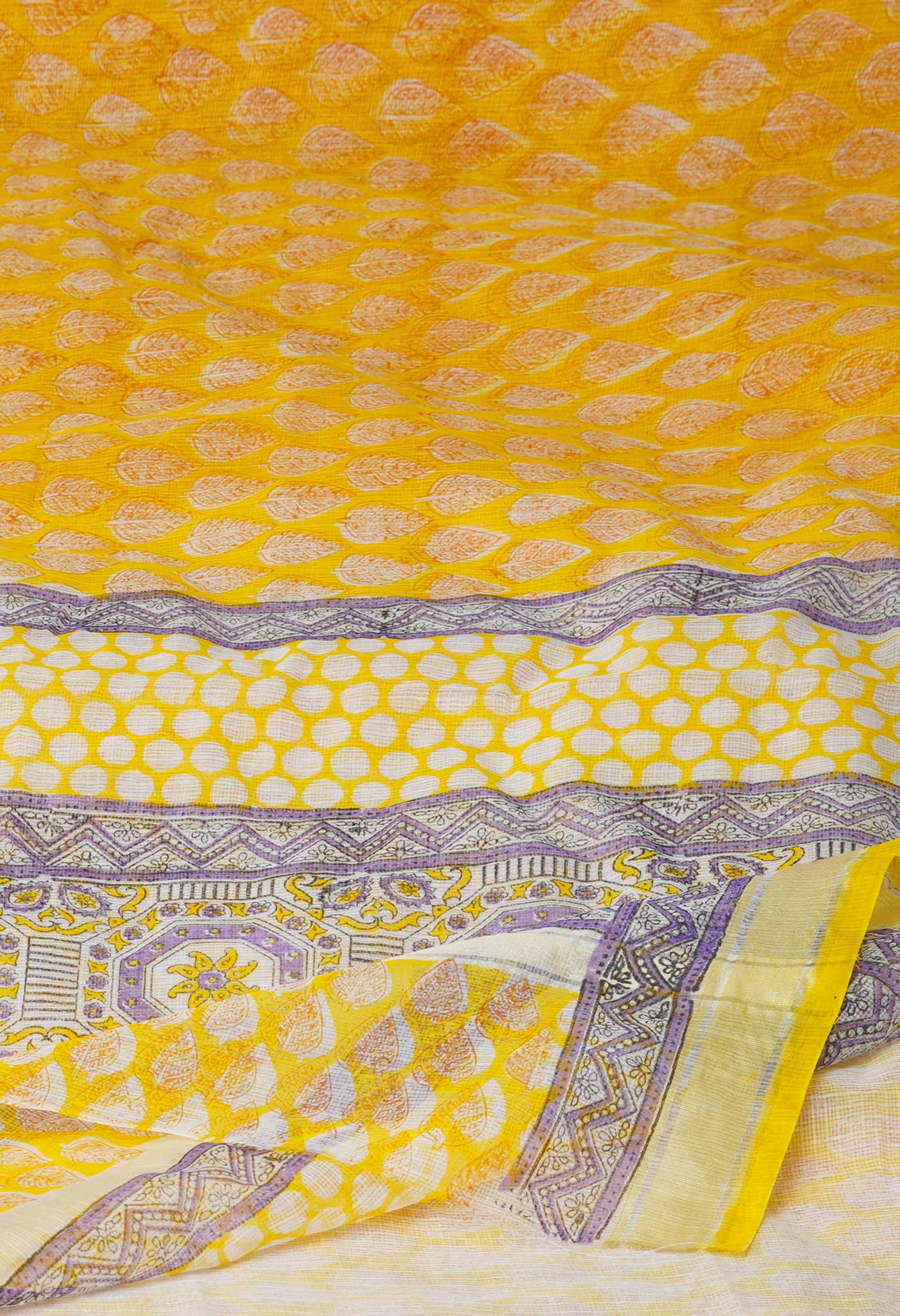 Yellow Pure Block Printed Kota Cotton Saree- UNM71119