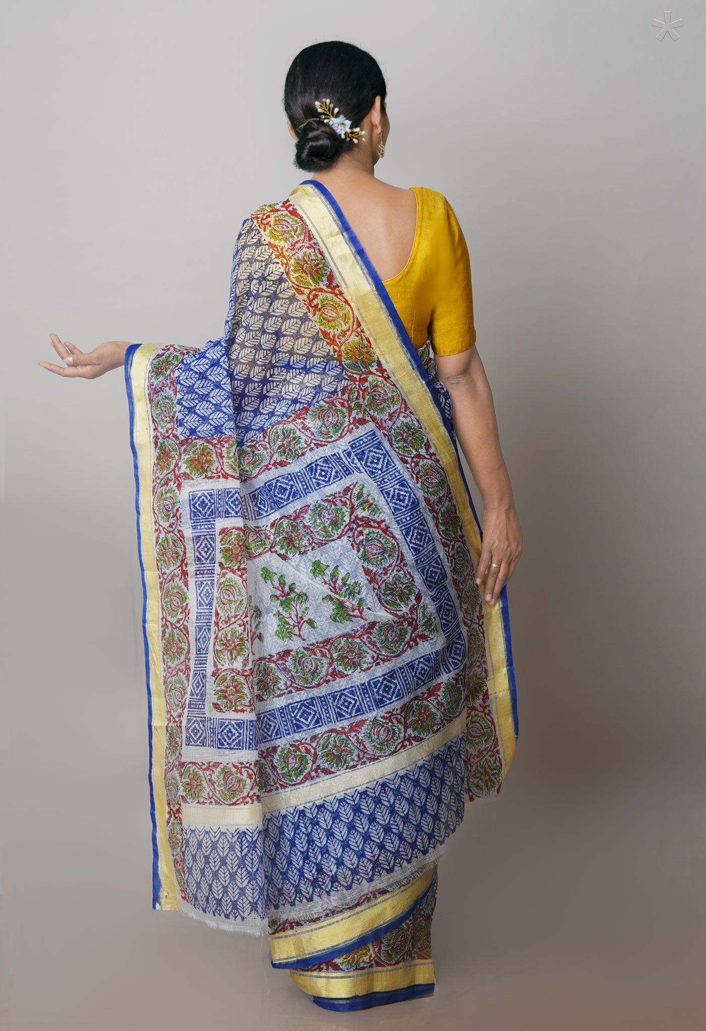 Blue Pure Block Printed Kota Cotton Saree- UNM71124