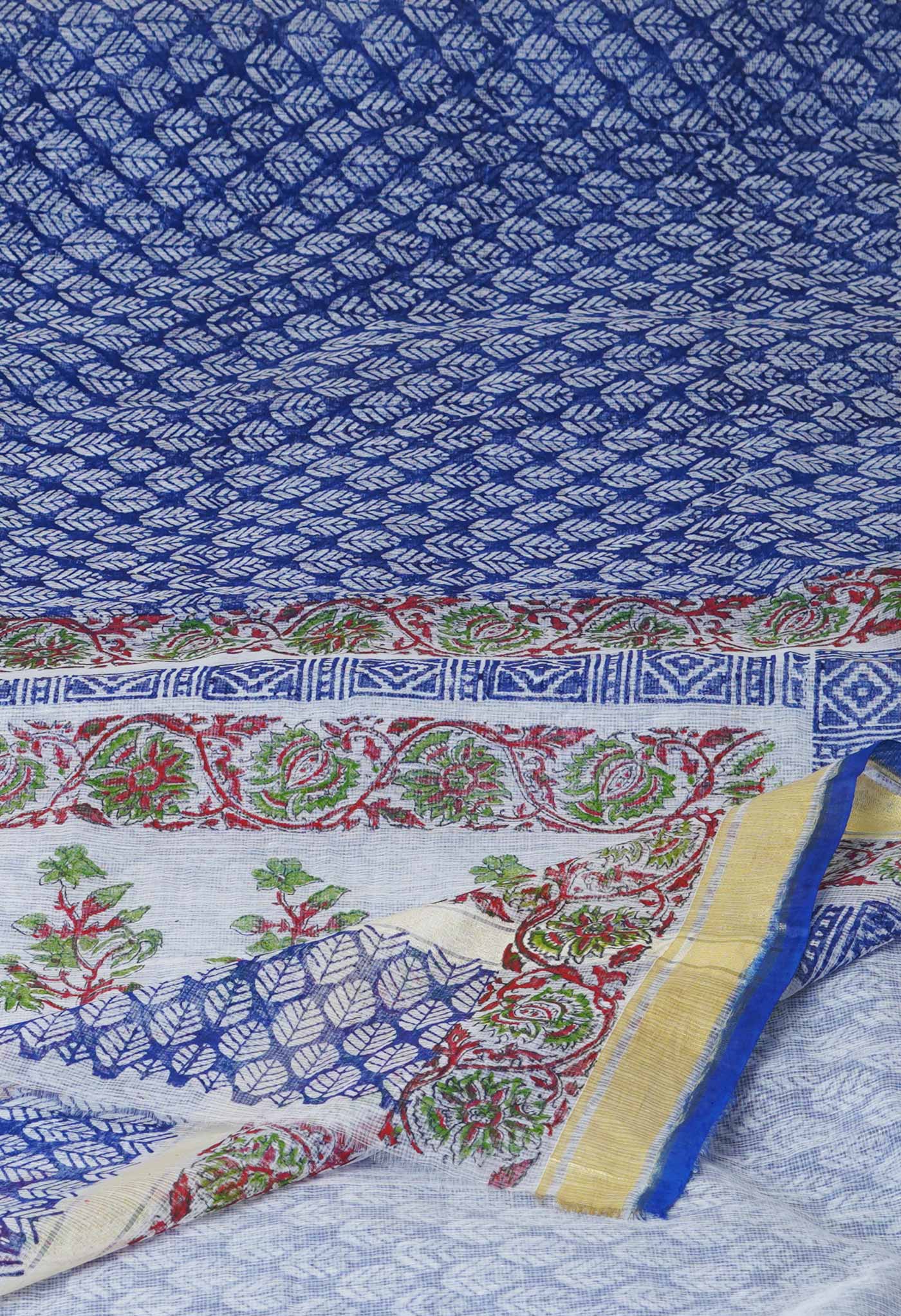 Blue Pure Block Printed Kota Cotton Saree- UNM71124