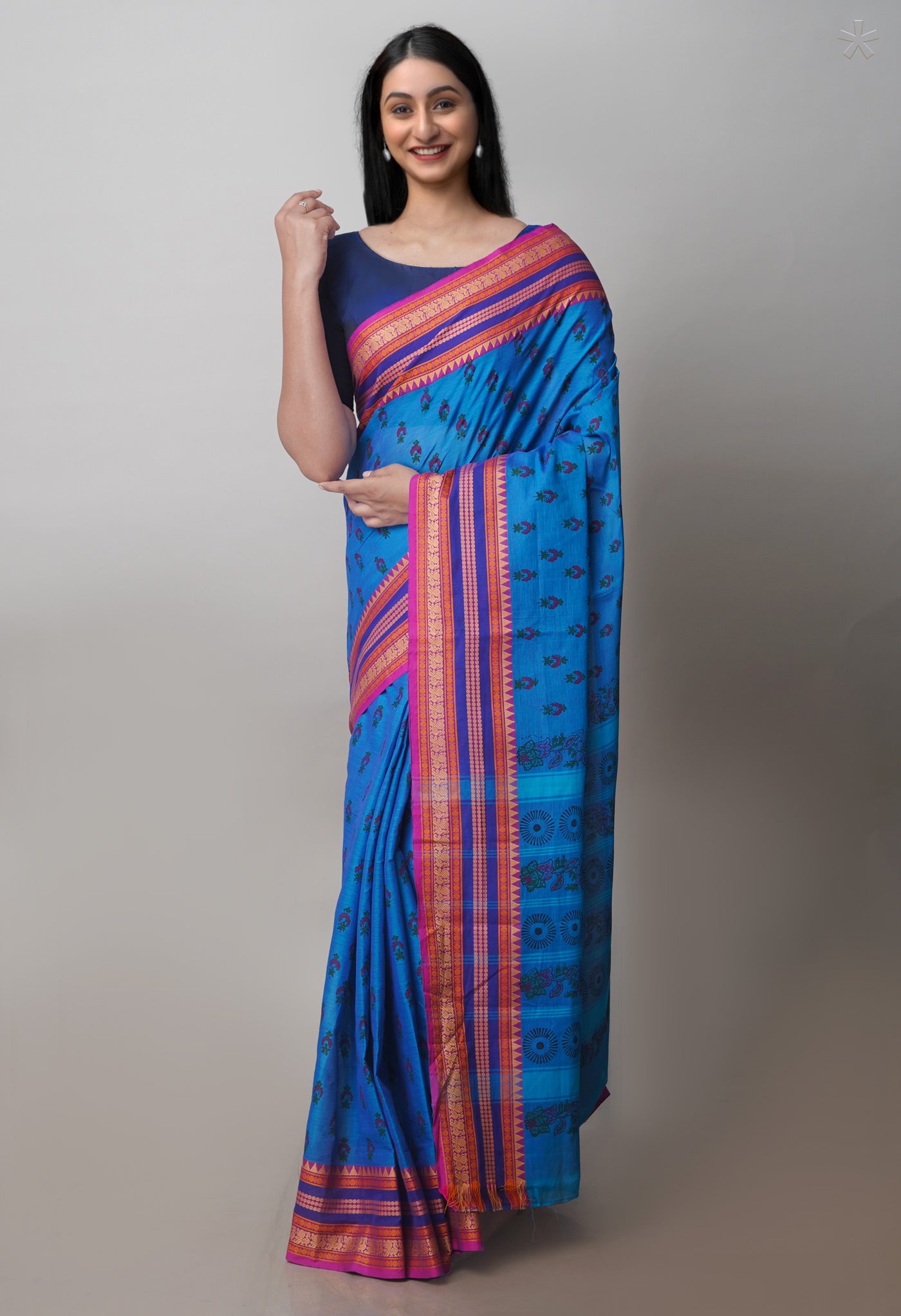 Blue Chettinadu Block Printed Cotton Saree-UNM71153