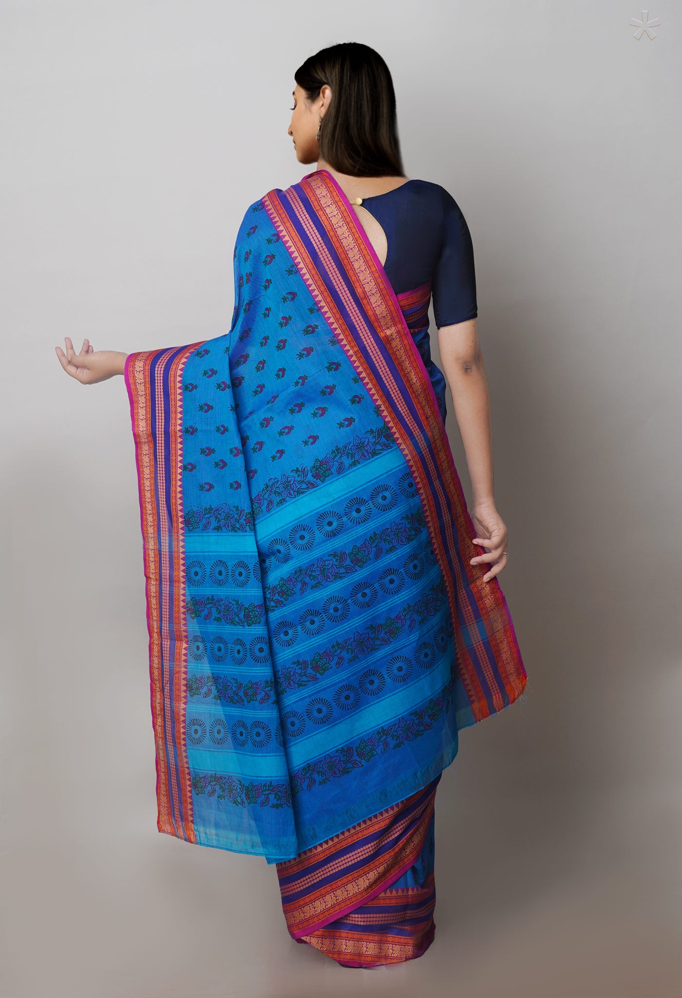 Blue Chettinadu Block Printed Cotton Saree-UNM71153