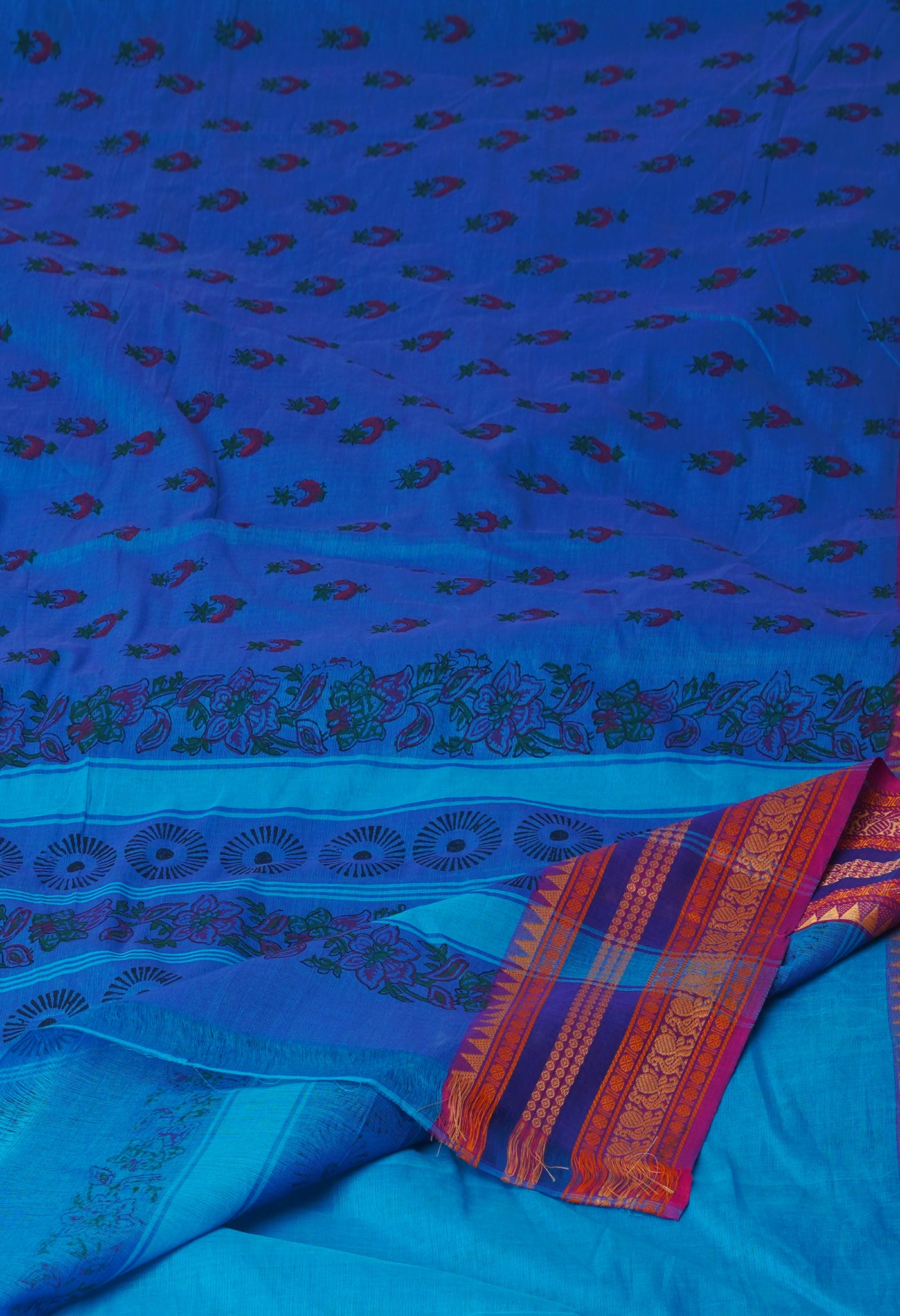 Blue Chettinadu Block Printed Cotton Saree-UNM71153