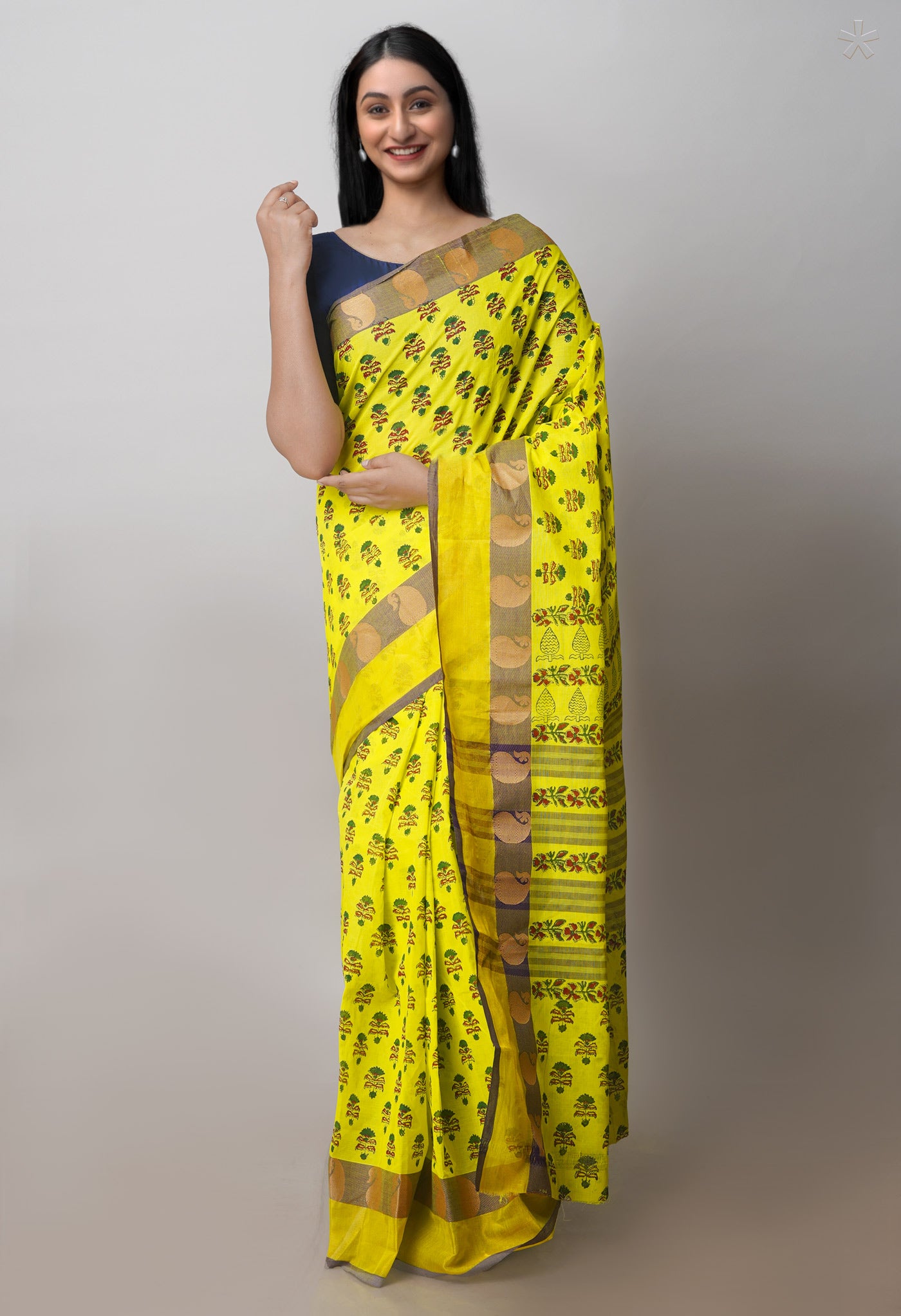 Yellowish Green Chettinadu Block Printed Cotton Saree-UNM71154