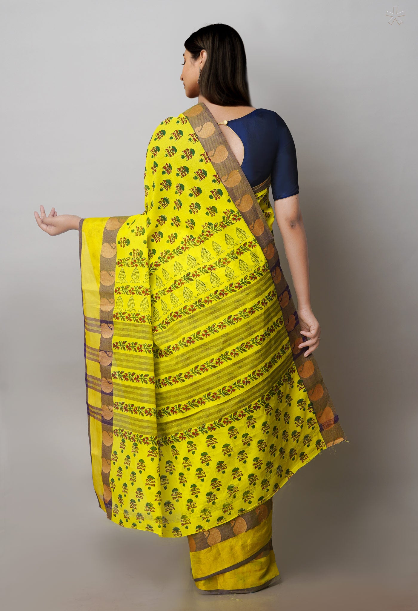 Yellowish Green Chettinadu Block Printed Cotton Saree-UNM71154