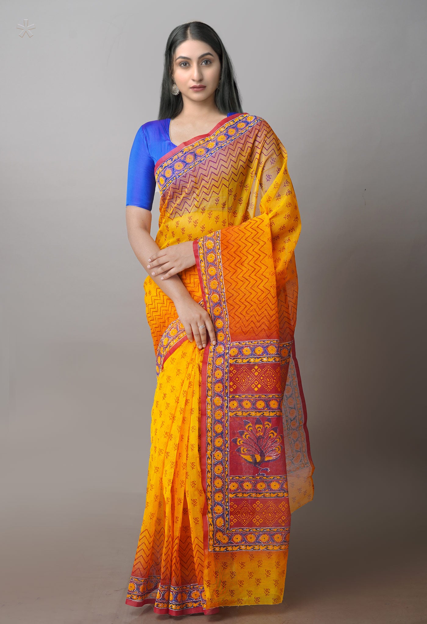 Yellow Block Printed Supernet Sarees-UNM71192