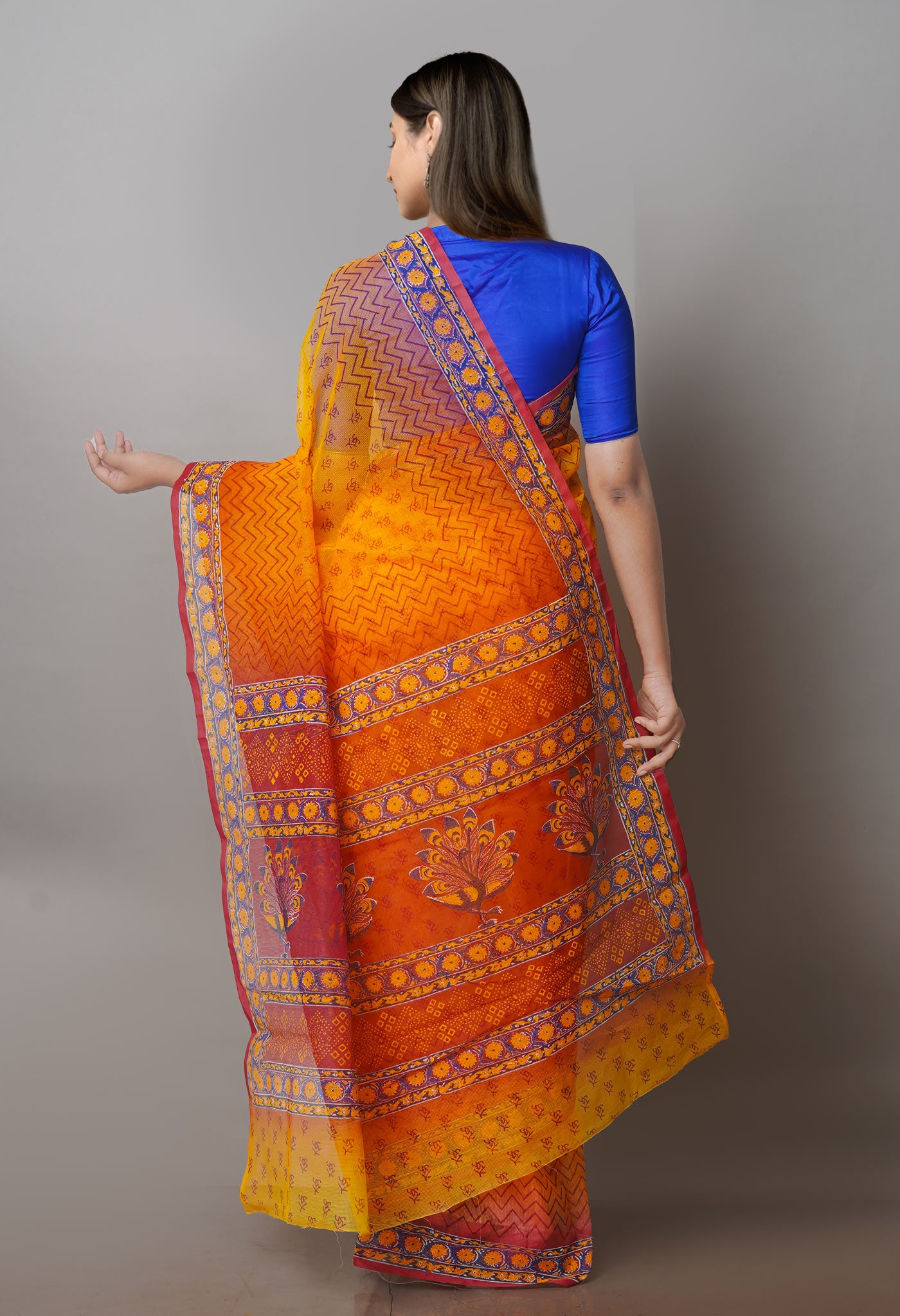 Yellow Block Printed Supernet Sarees-UNM71192