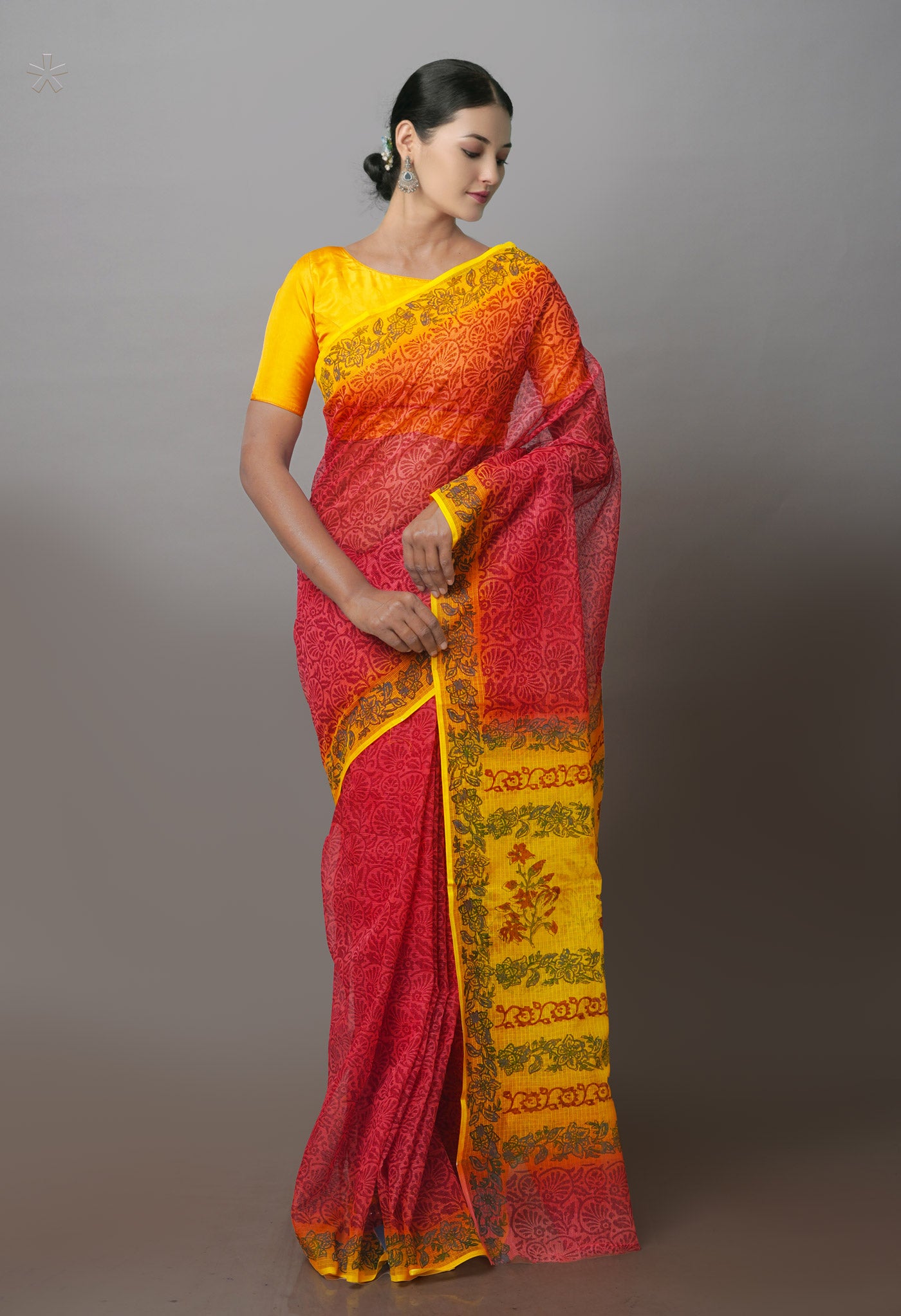 Red Pure Kota Block Printed Cotton Saree-UNM71236