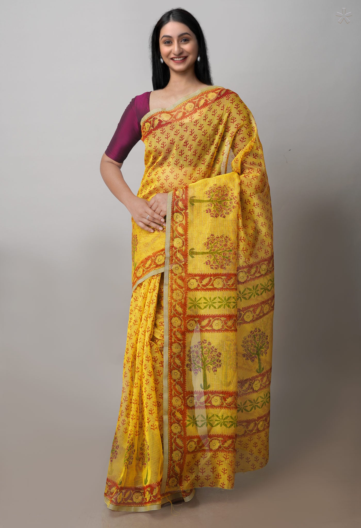 Pastel Yellow Block Printed Supernet Saree