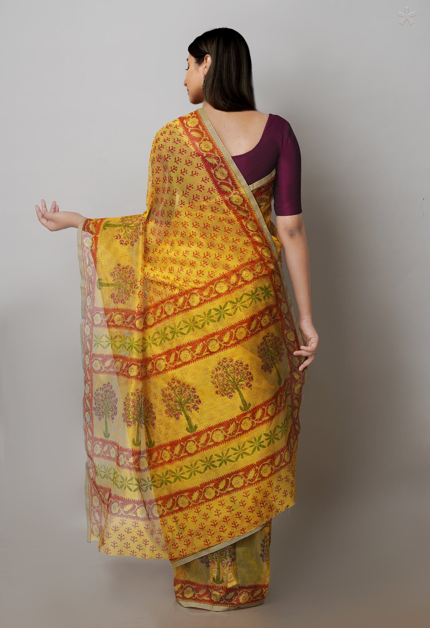 Pastel Yellow Block Printed Supernet Saree