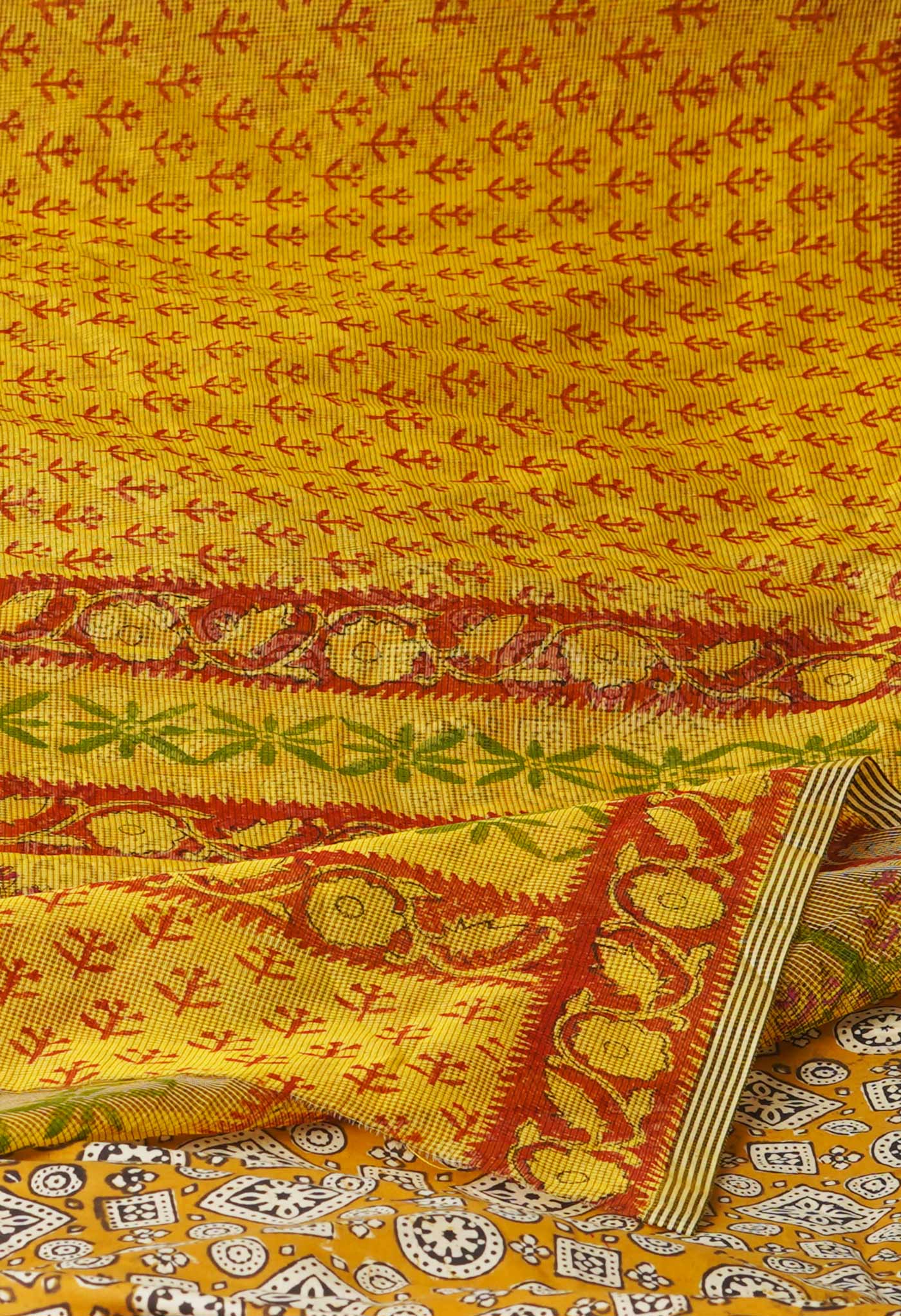 Pastel Yellow Block Printed Supernet Saree