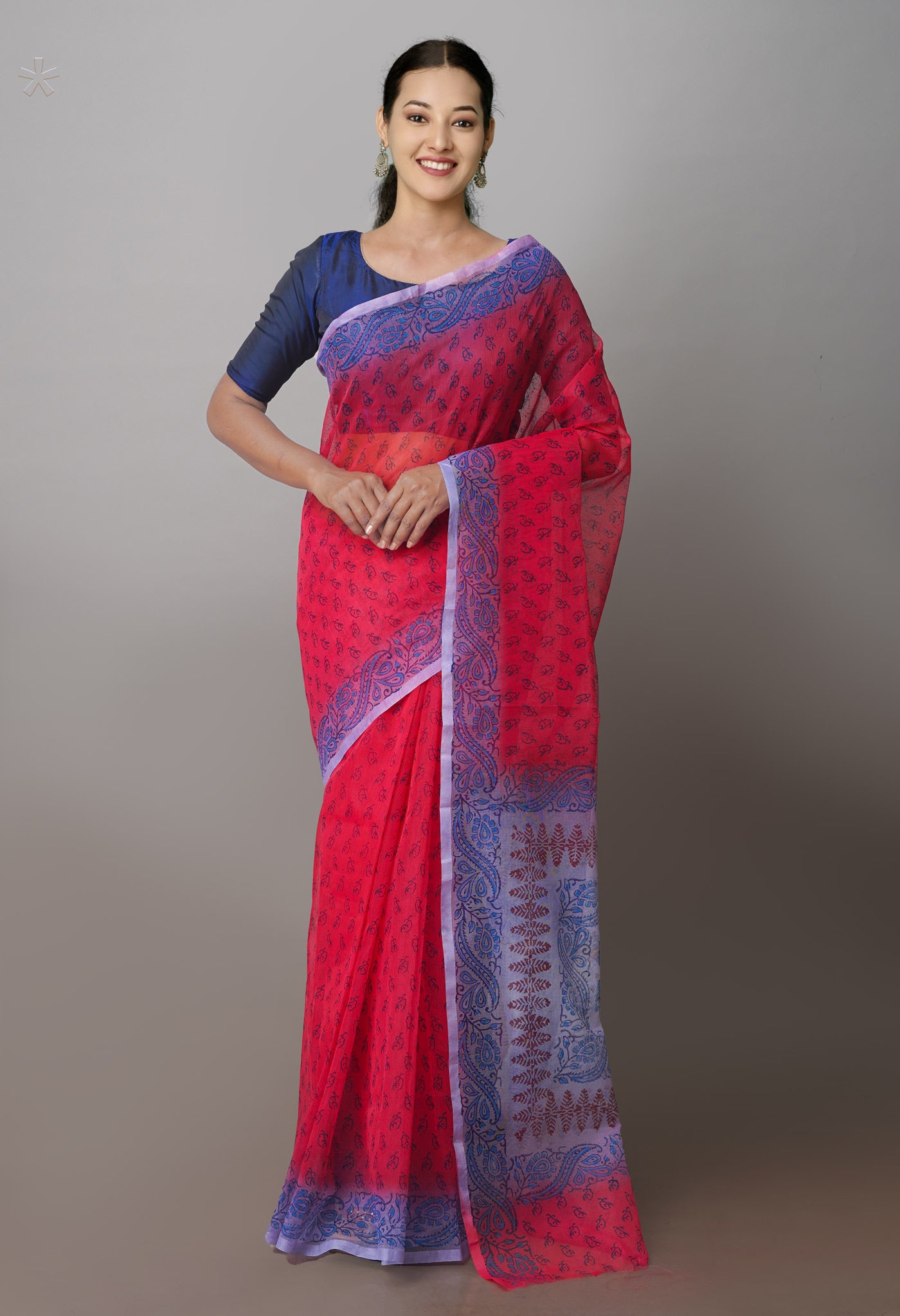 Red  Block Printed Supernet  Saree-UNM71321