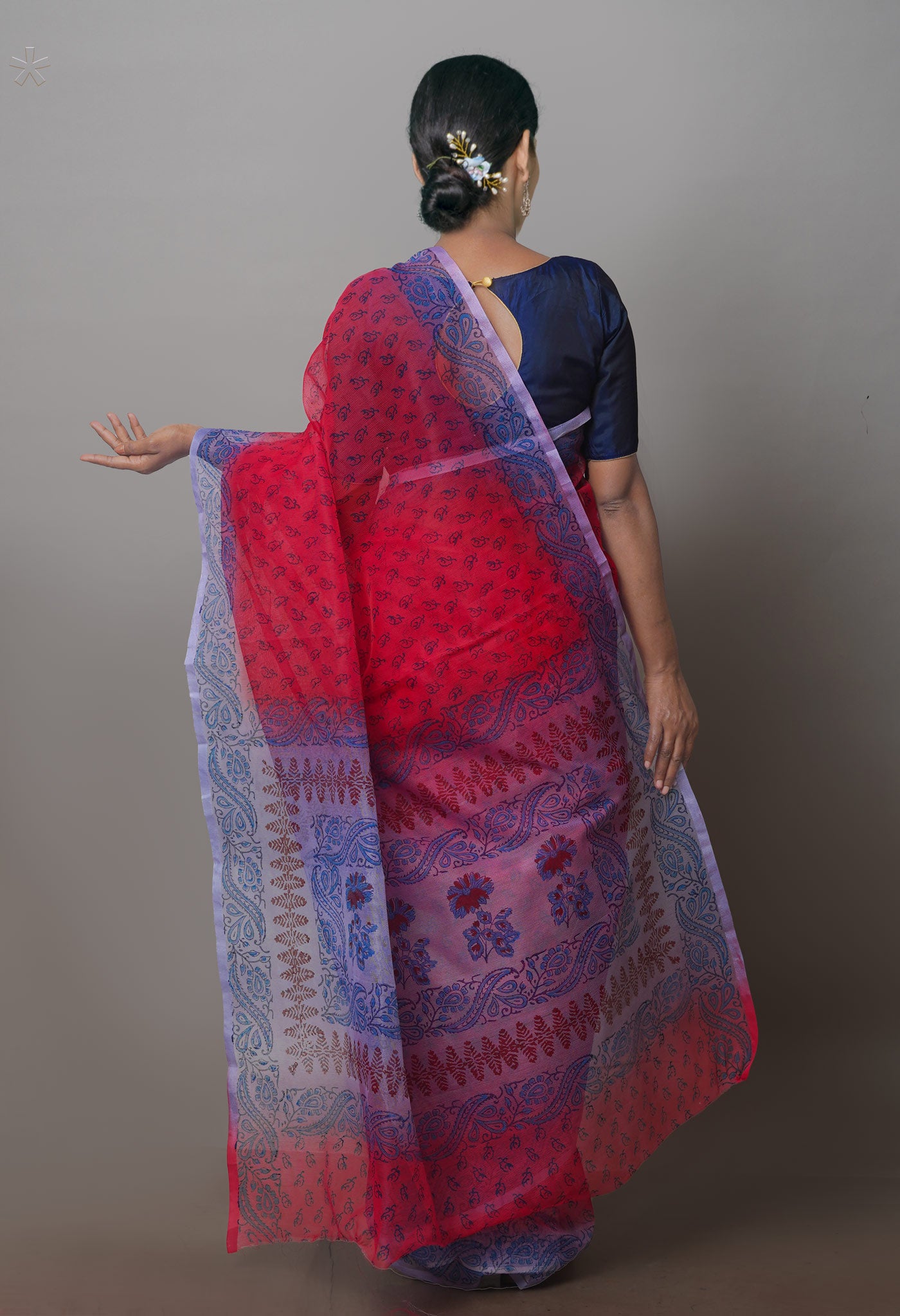 Red  Block Printed Supernet  Saree-UNM71321