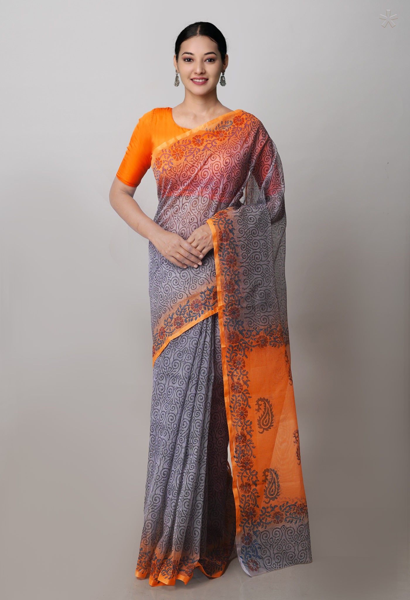 Grey  Block Printed Supernet  Saree-UNM71323