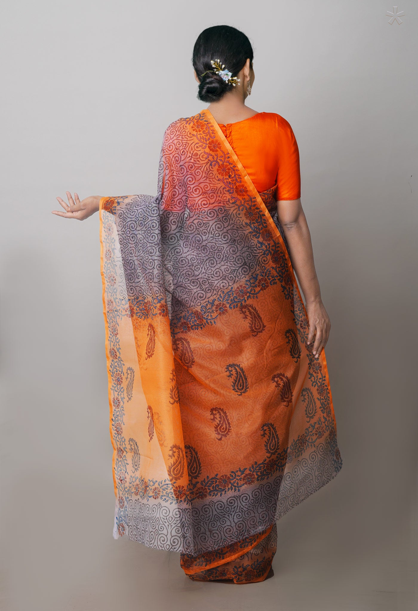 Grey  Block Printed Supernet  Saree-UNM71323