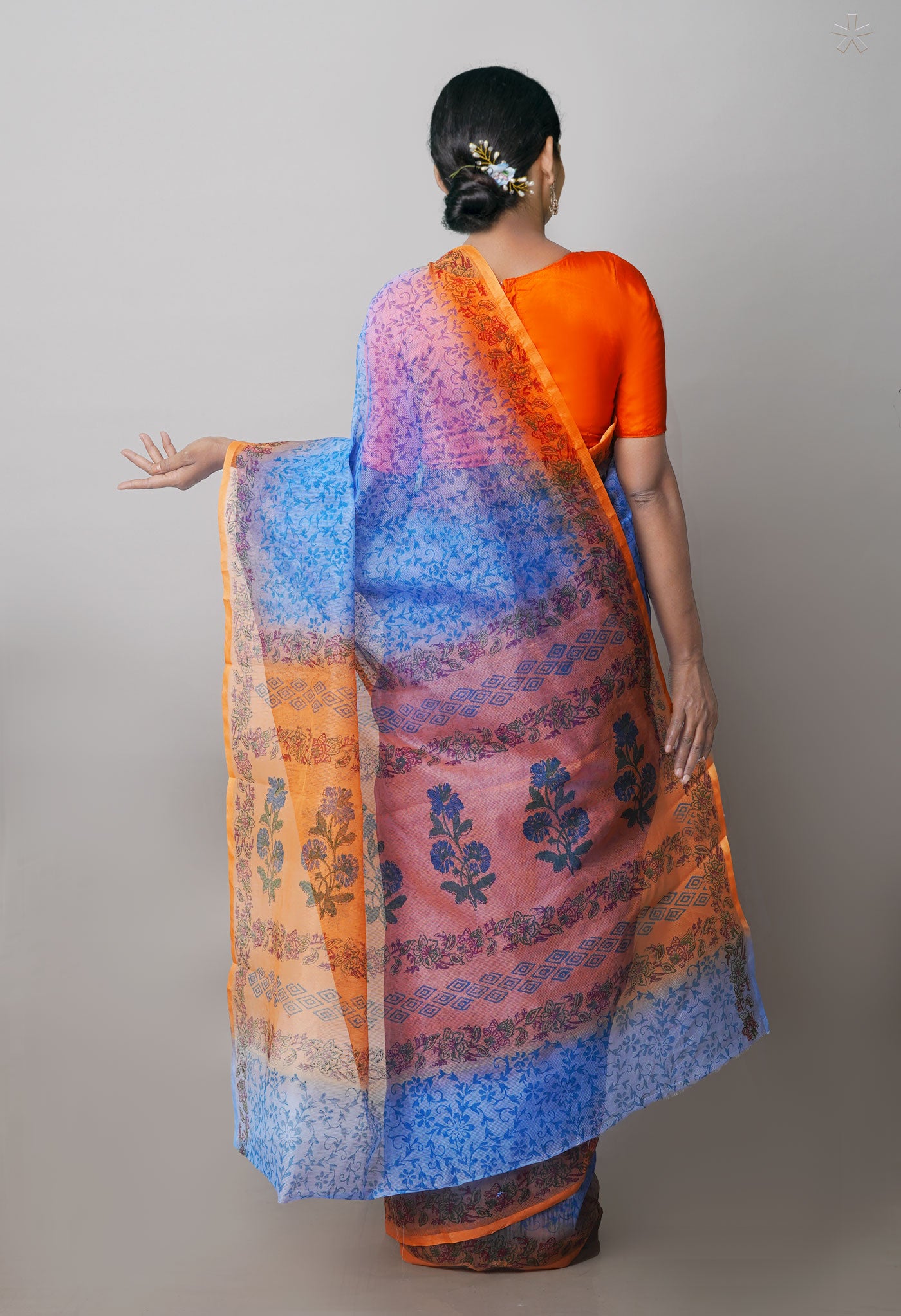 Sky Blue  Block Printed Supernet  Saree-UNM71334