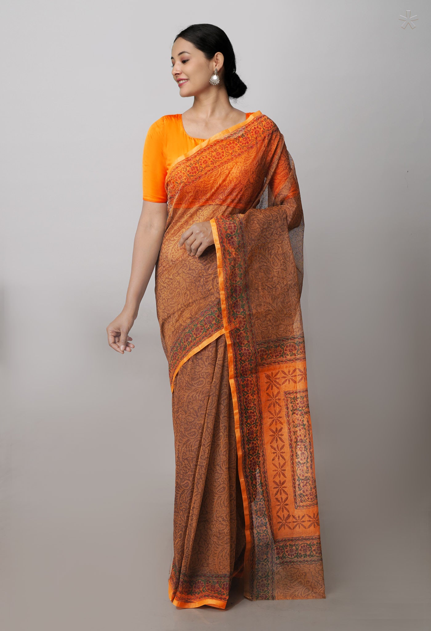 Chocolate Brown   Block Printed Supernet  Saree-UNM71335