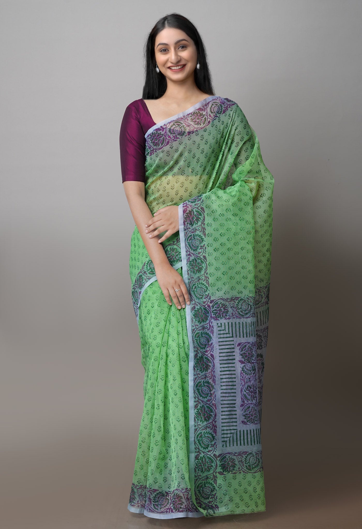 Parrot Green  Block Printed Supernet  Saree-UNM71340