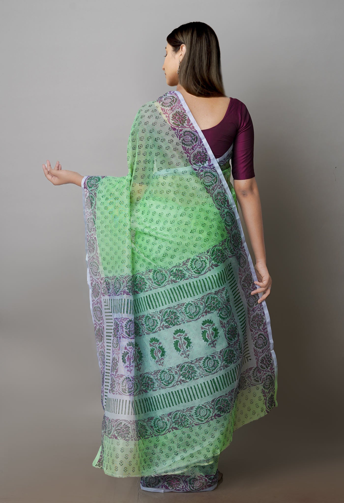 Parrot Green  Block Printed Supernet  Saree-UNM71340