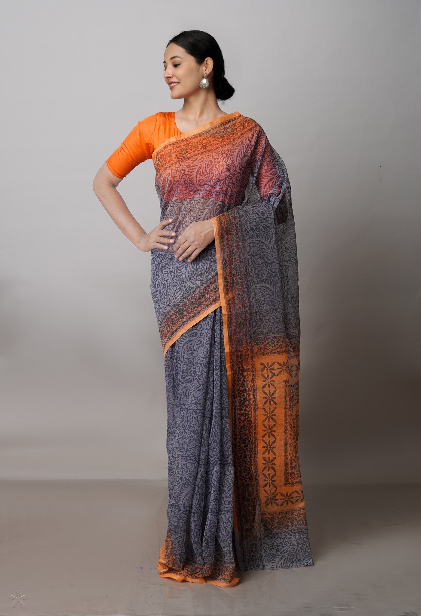 Grey Block Printed Supernet Saree