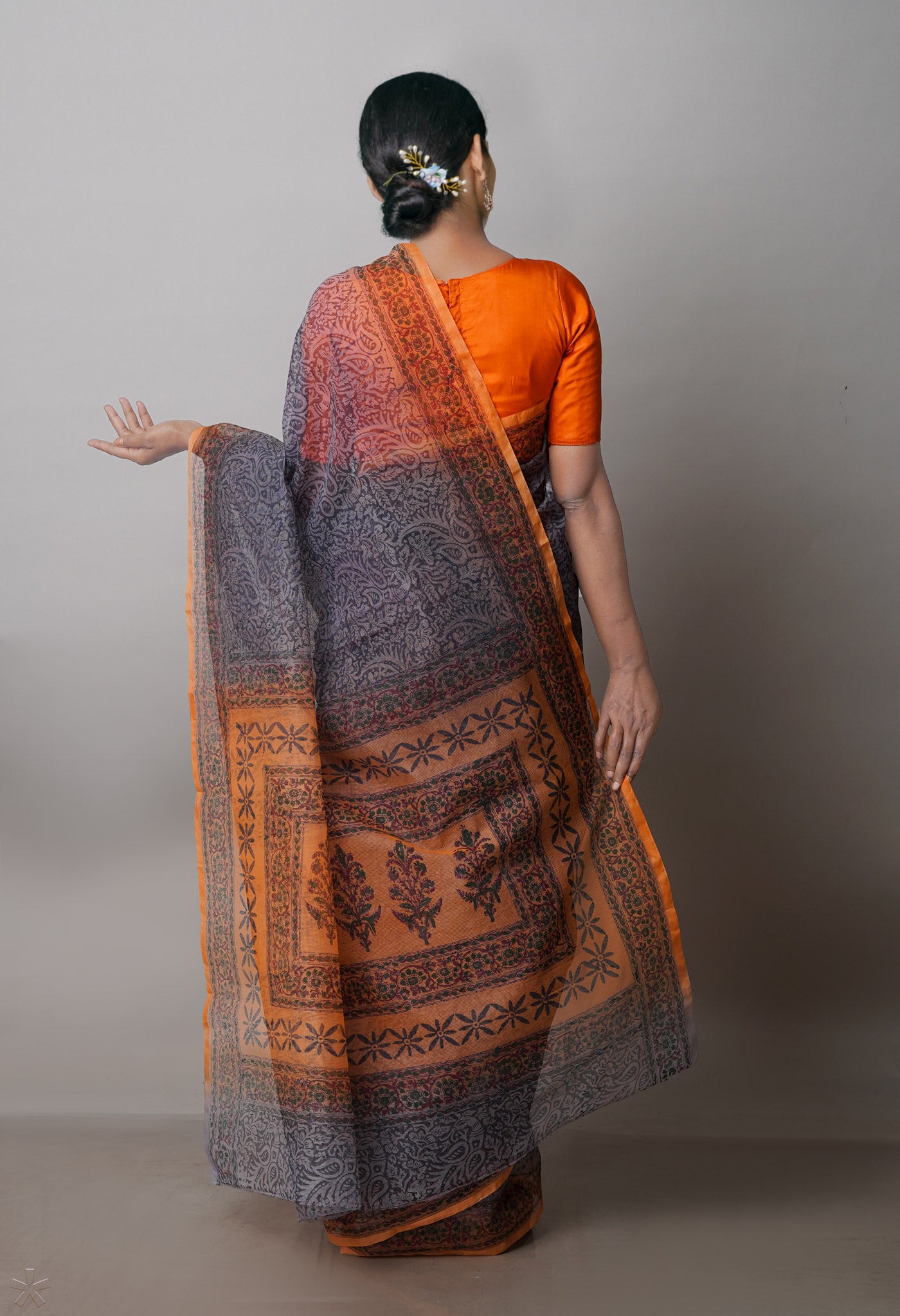 Grey Block Printed Supernet Saree