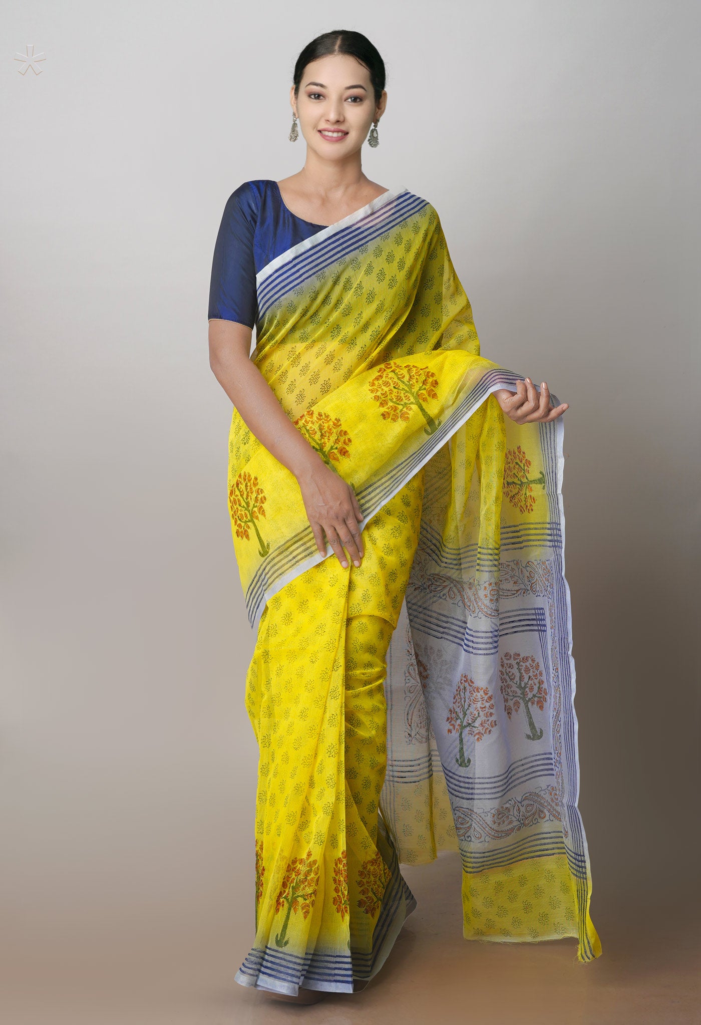 Pastel Yellow  Block Printed Supernet  Saree-UNM71344