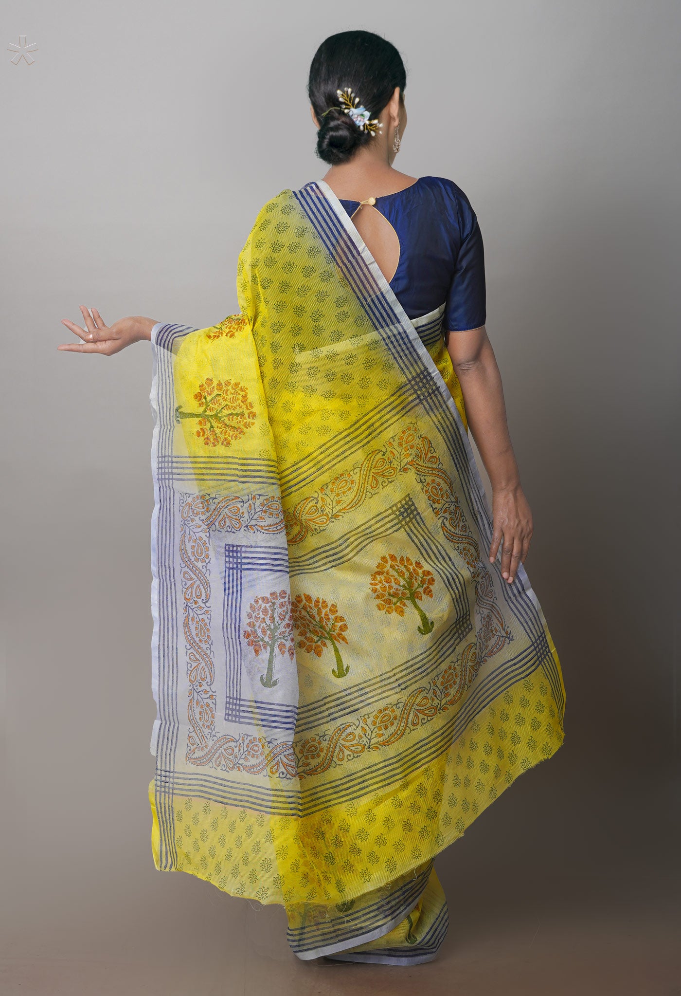 Pastel Yellow  Block Printed Supernet  Saree-UNM71344