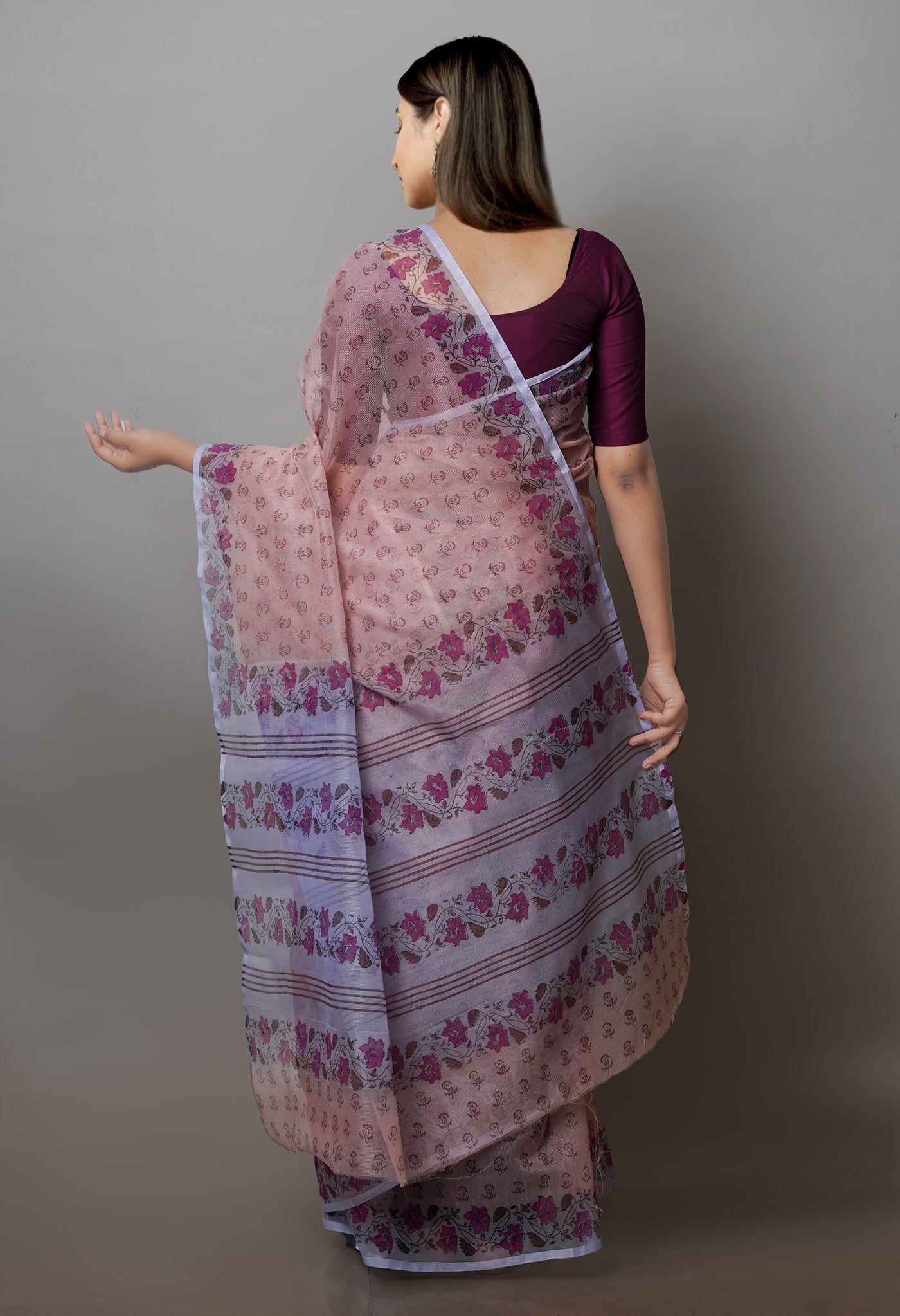 Light Brown  Block Printed Supernet  Saree-UNM71352