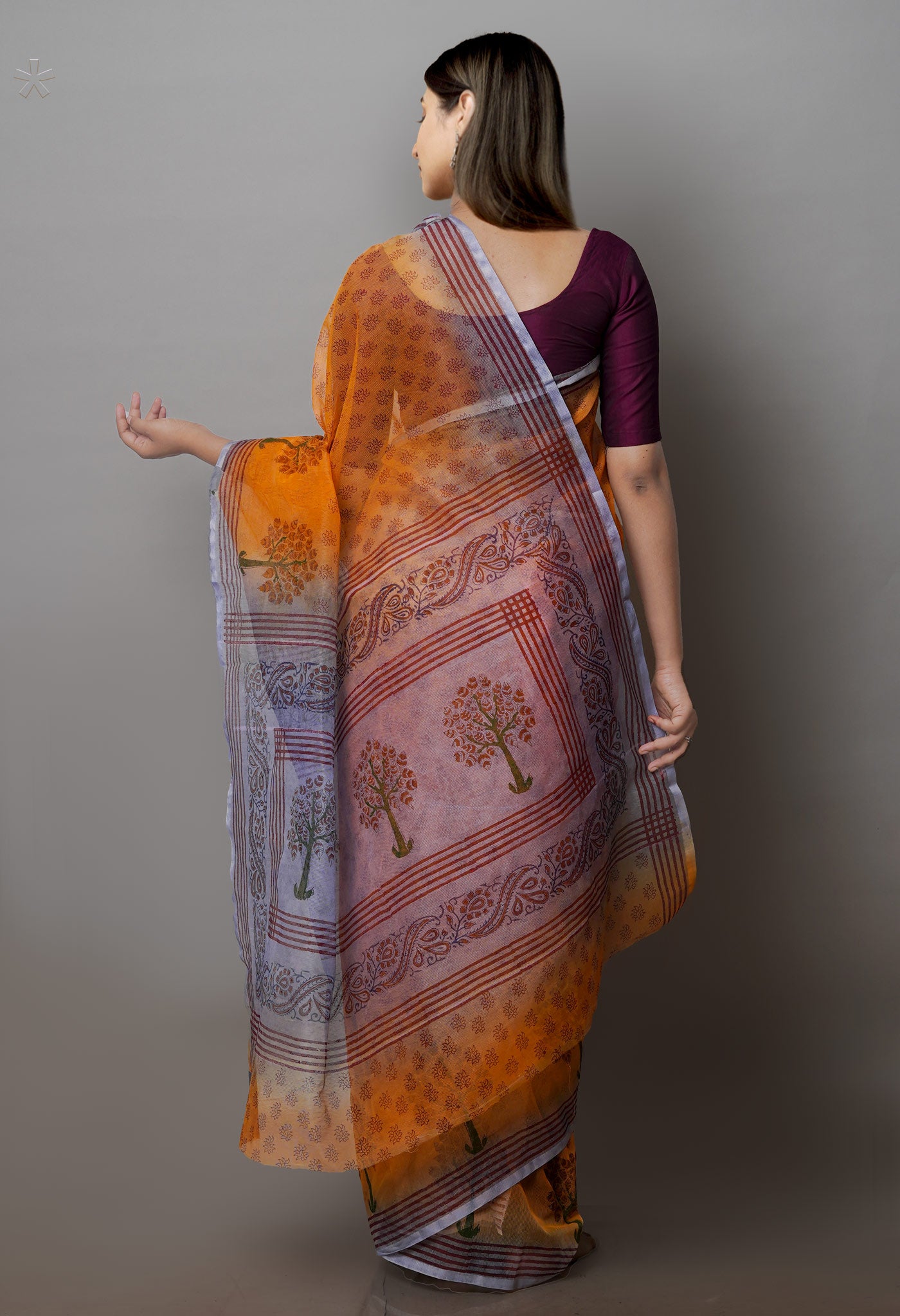 Orange  Block Printed Supernet  Saree-UNM71362